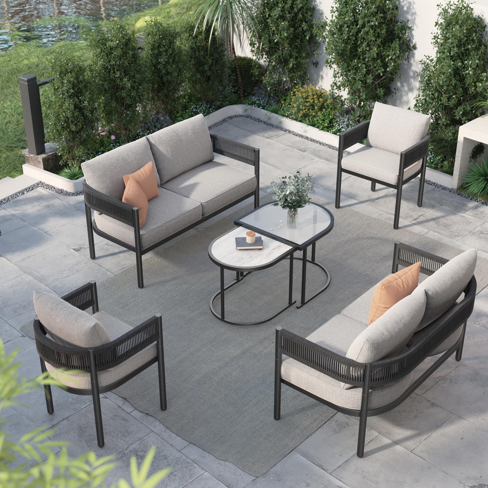 6-Piece Wicker Patio Furniture Set with Beige Cushions & Coffee Table - Outdoor Sofa Conversation Set for Backyard, Garden, Balcony - Perfect for Relaxing, Entertaining & Lounging in Your Outdoor Space