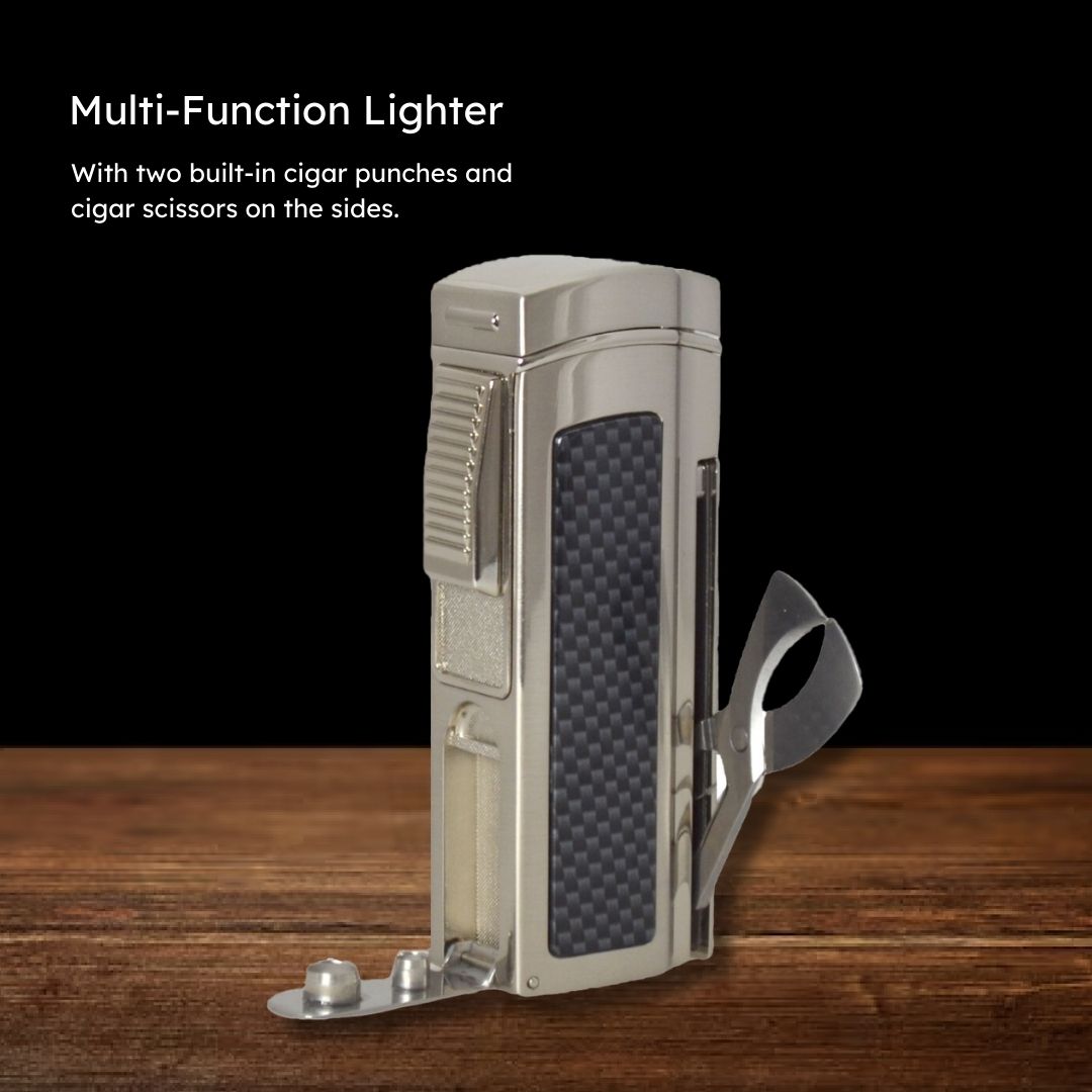 Visol Maui Quad Flame Windproof Table Lighter - Nickel Finish Refillable Butane Lighter for Cigars, Candles & Outdoor Use - Perfect for Camping, BBQs & Home Decor