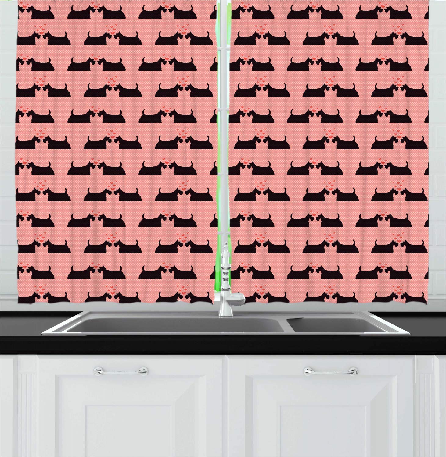 Ambesonne Scottie Dog Kitchen Curtains - Romantic Animal Couple with Hearts Design on Pink Polka Dot Background, 2-Panel Window Drapes for Kitchen & Cafe Decor, 55 x 39 Inches, Multicolor - Perfect for Valentine's Day Decor, Pet Lover Gifts & Cozy Home Styling
