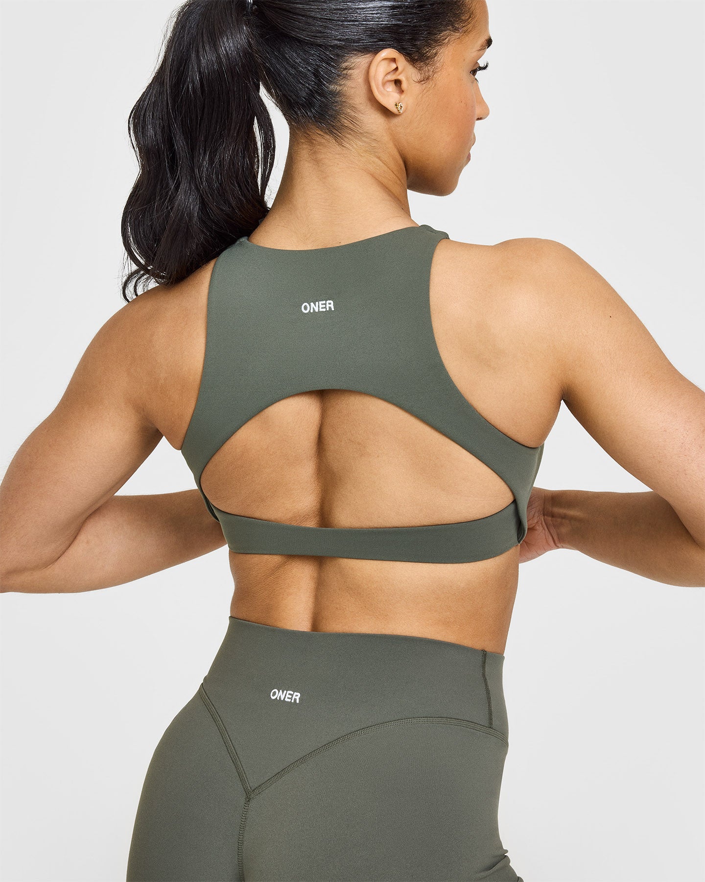 SoftMotion™ High Neck Sports Bra for Women - Dark Khaki | Breathable Workout Top for Yoga, Running & Gym | Plus Size Activewear