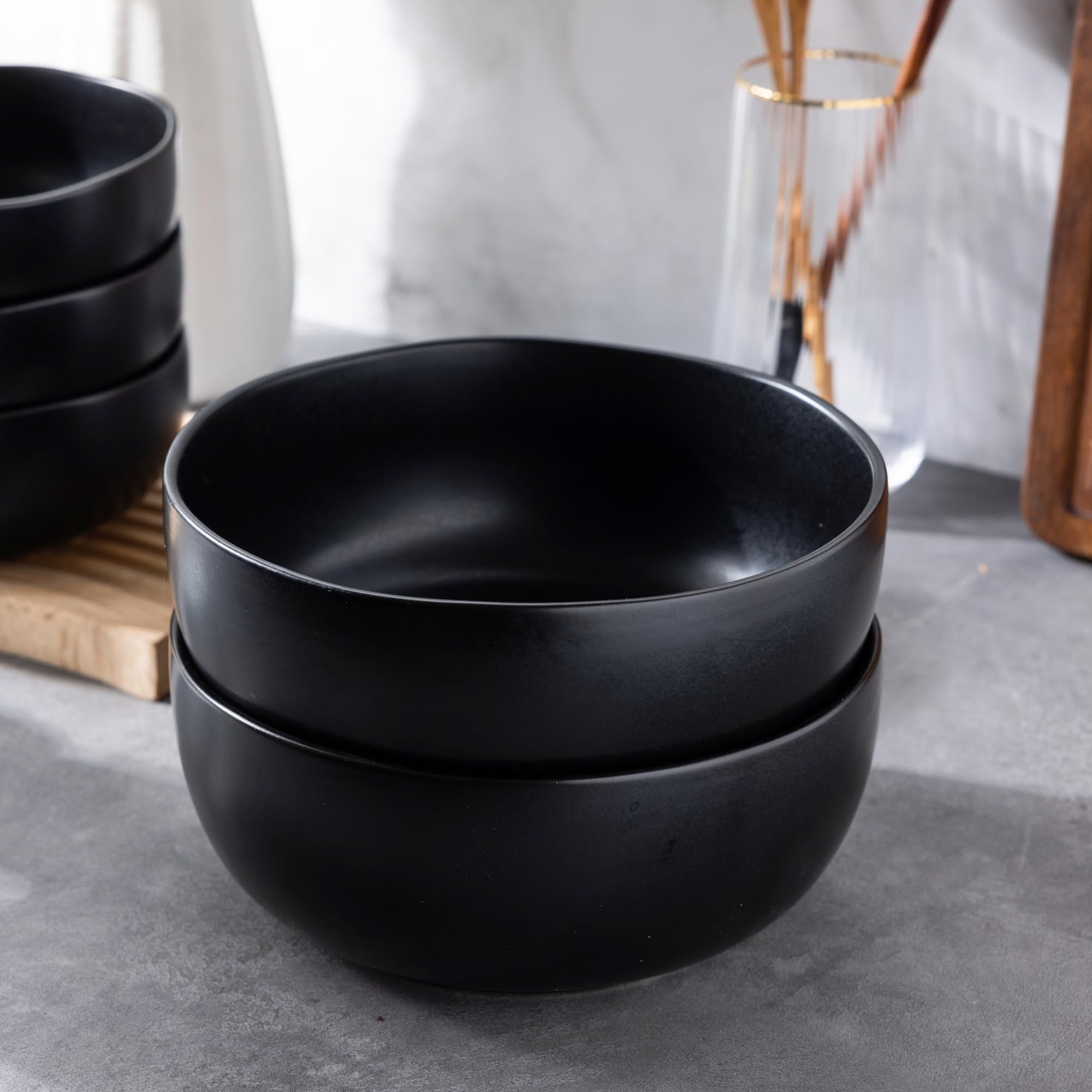 AmorArc 28oz Stoneware Cereal & Soup Bowls Set of 4 - Microwave, Oven & Dishwasher Safe Ceramic Kitchen Bowls with Wavy Rim - Matte Black for Breakfast, Lunch & Dinner Serving
