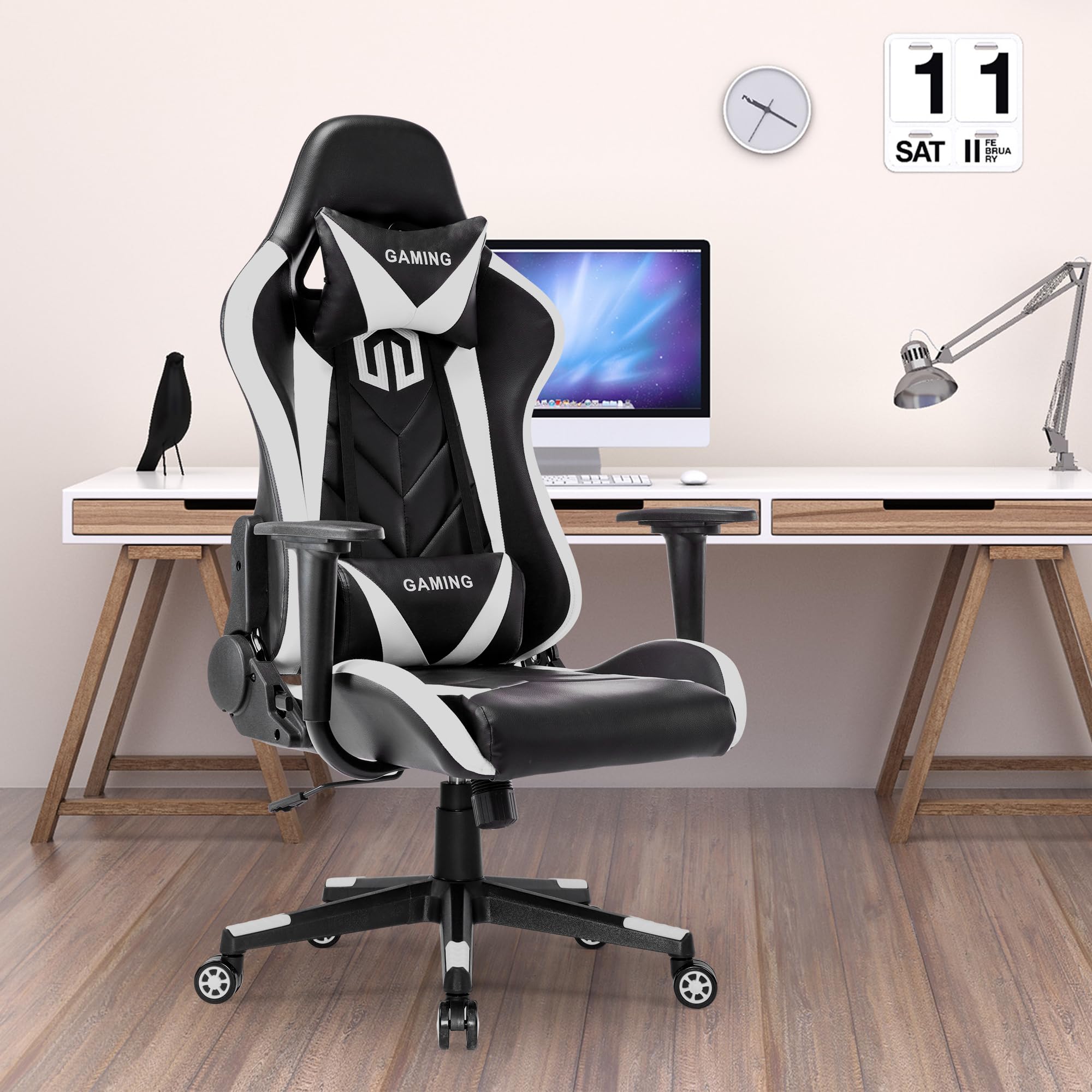 Premium Ergonomic Gaming Chair - Racing Style Office Chair with Adjustable Headrest & Lumbar Support, Swivel Recliner for PC, Computer Desk, Home & Office Use (White) - Perfect for Gamers, Remote Workers & Long Hours Sitting