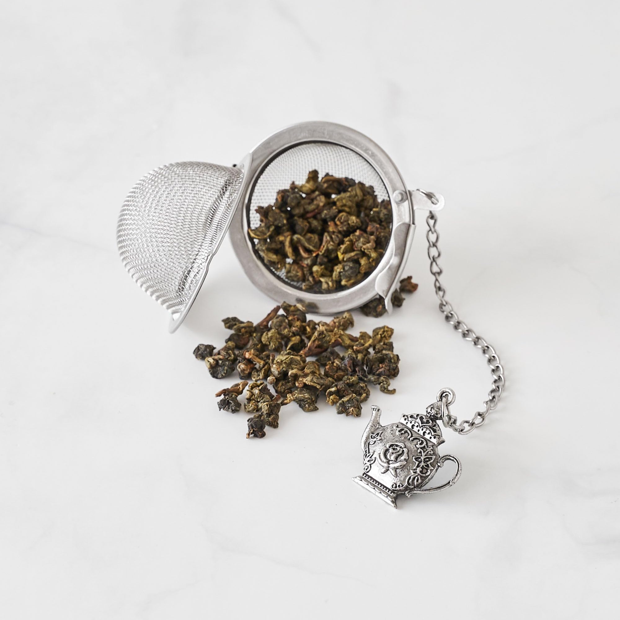 Premium 18/8 Stainless Steel Tea Infuser Ball - 2 Inch Fine Mesh Tea Strainer with Zinc Alloy Teapot Charm - Perfect for Loose Leaf Tea Brewing at Home, Office or Travel - Supreme Housewares Tea Accessory