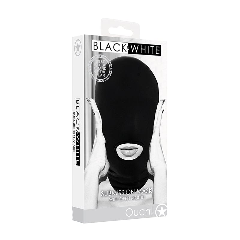 Black and White Open Mouth Submission Mask - BDSM Bondage Gag for Role Play, Sensory Deprivation & Fetish Scenes