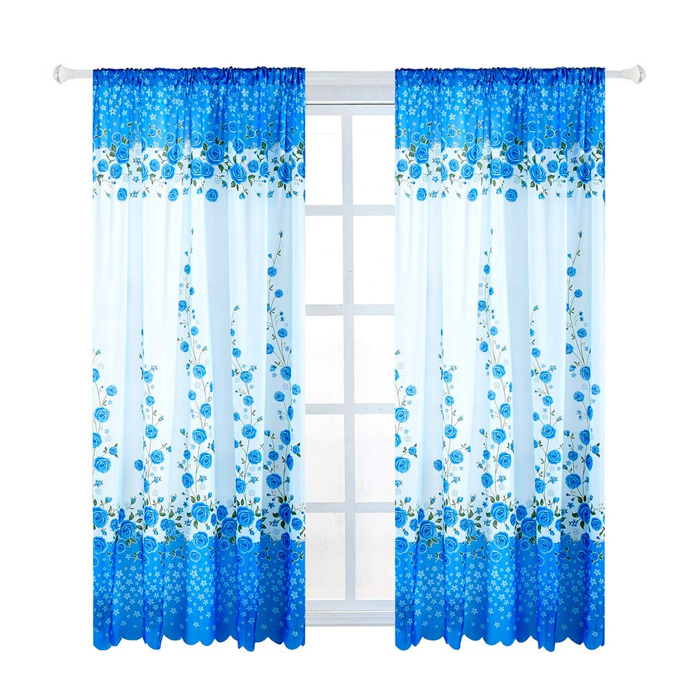 Floral Print Window Curtains - Southeast Asian Style Grommet Top Sheer Curtain Panels for Living Room & Bedroom - Breathable Light Filtering Short Curtains in Blue - Perfect for Boho Home Decor & Tropical Themed Interiors
