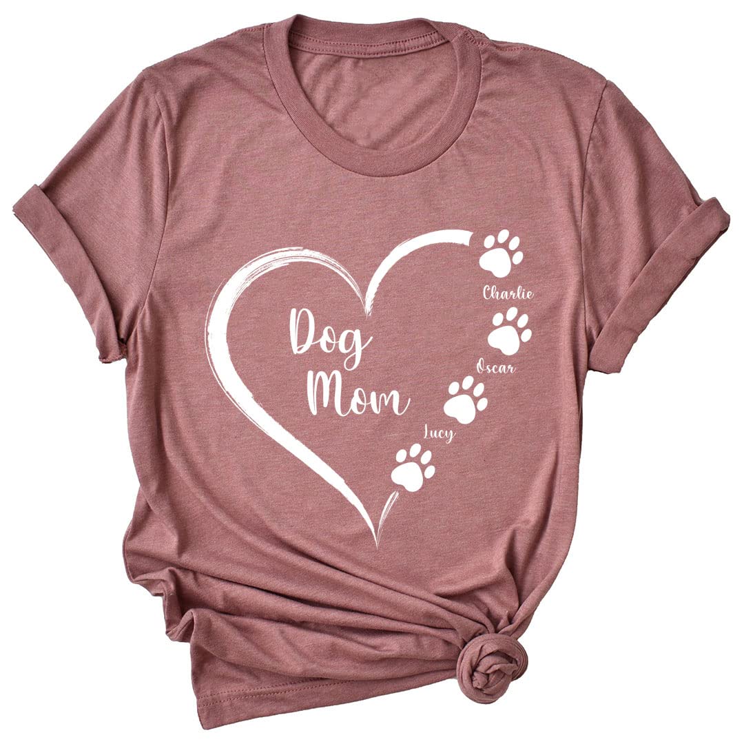 LEVY PAW Personalized Dog Mom T-Shirt - Custom Heart & Dog Name Print for Dog Lovers | Perfect Gift for Pet Owners, Dog Walks & Mother's Day