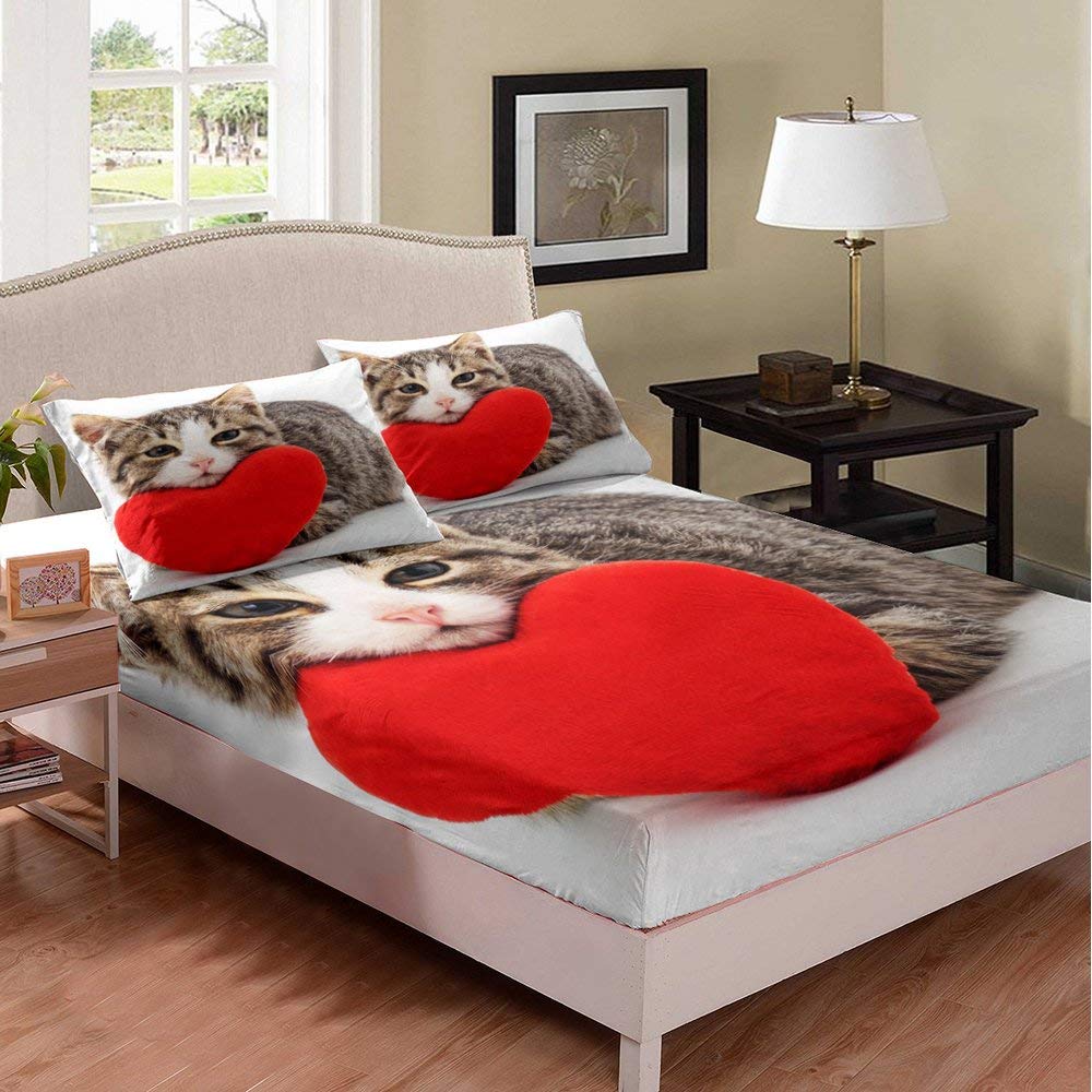 Cute Cat with Red Love Deep Pocket Duvet Cover Queen Size - 3 Piece Microfiber Soft Breathable Bed Sheet Set (1 Fitted Sheet + 2 Pillowcases) for Kids & Adults - Cozy Warm Bedding for Winter Nights