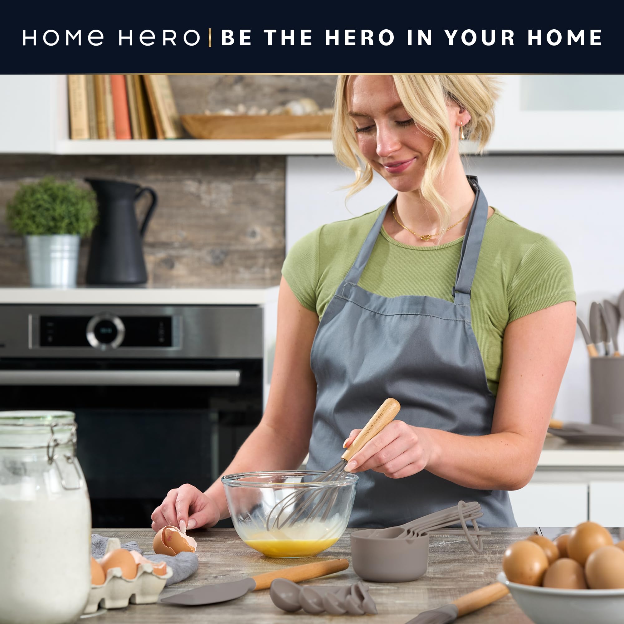 Home Hero 33-Piece Non-Stick Silicone Kitchen Utensil Set with Wooden Handles & Holder - Spatulas, Cooking Tools & Gadgets for Baking, Grilling & Everyday Cooking (Khaki)