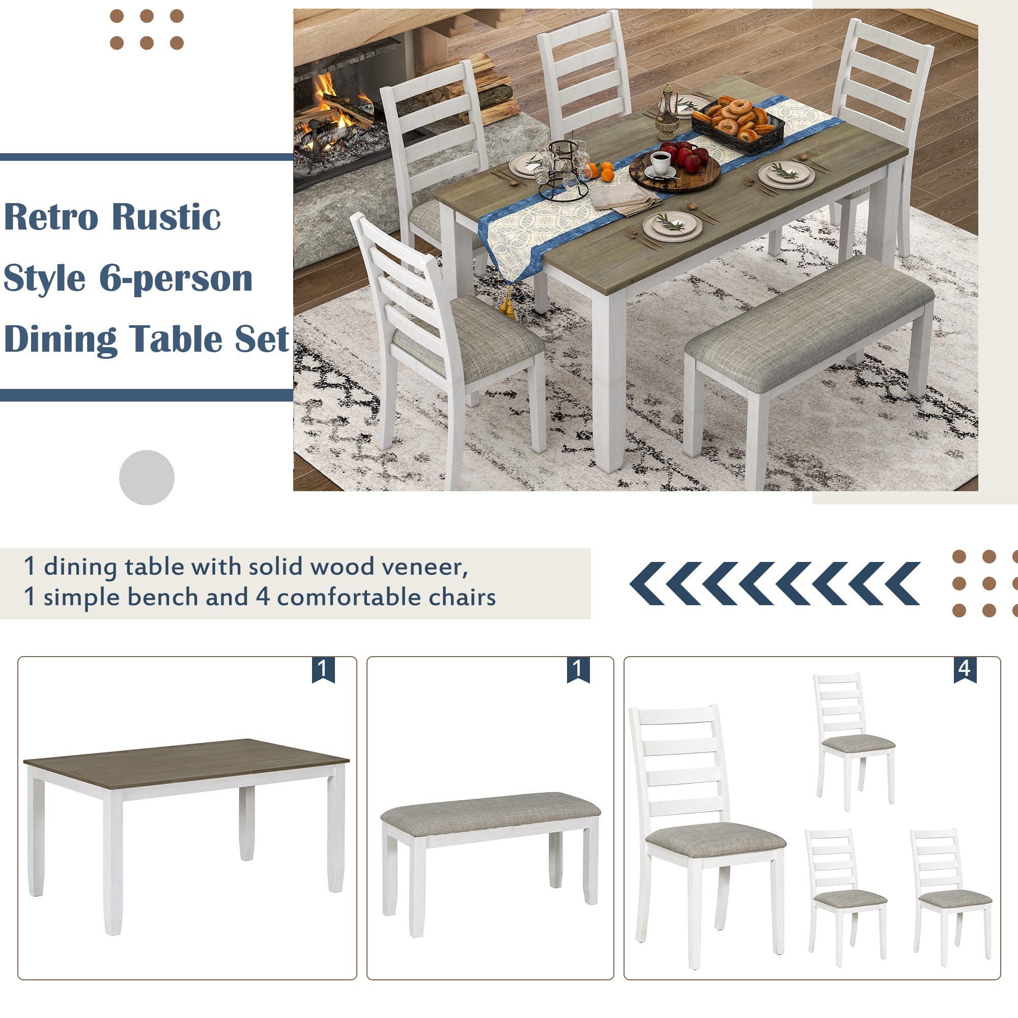 Merax 6-Piece Wooden Dining Table Set with 4 Upholstered Chairs and Bench, Brown & Whitewash Finish - Perfect for Kitchen, Dining Room, Breakfast Nook and Small Space Decor