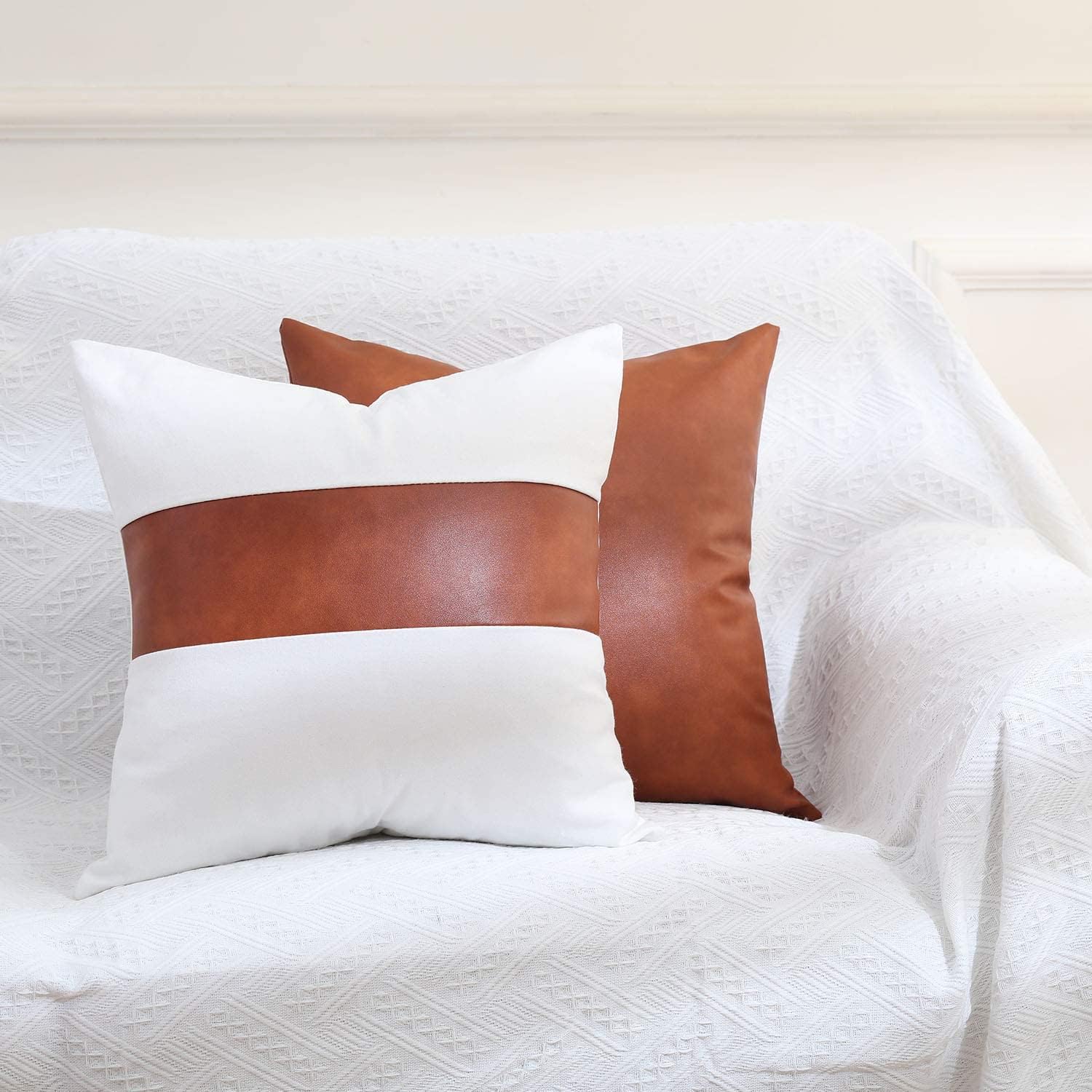 GALMAXS7 18x18 Inch Faux Leather & Cotton Decorative Throw Pillow Covers Set of 2 - Modern Mudcloth Farmhouse Style Square Accent Pillows for Couch, Sofa, Bed, Living Room - Perfect for Home Decor, Cozy Reading Nook & Guest Room Styling