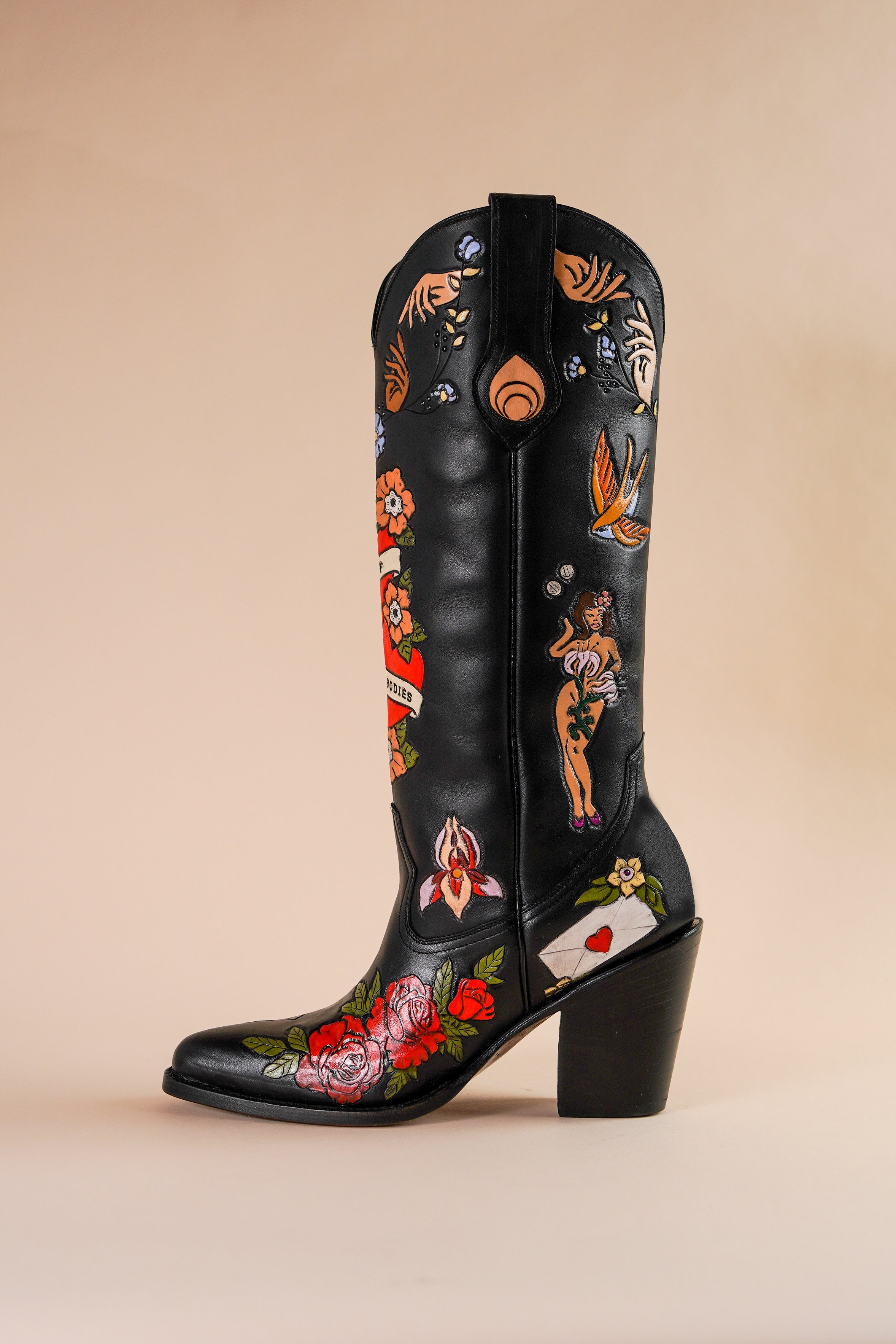 My Body My Choice Doodle Cowboy Boots in Midnight Black - Stylish Western Boots for Women, Perfect for Country Music Festivals & Rodeo Events