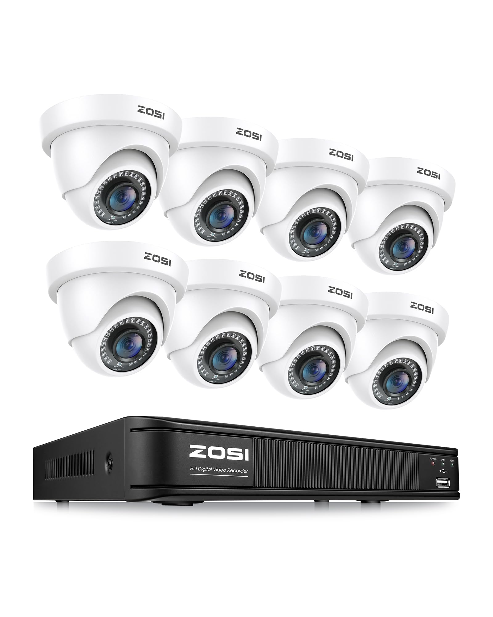 ZOSI 8 Channel 5MP Lite Security Camera System with 8 x 1080p Weatherproof Dome Cameras, H.265+ DVR, 80ft Night Vision & Remote Access - Indoor/Outdoor Home Surveillance (No HDD) - Perfect for House Monitoring, Business Security & Property Protection