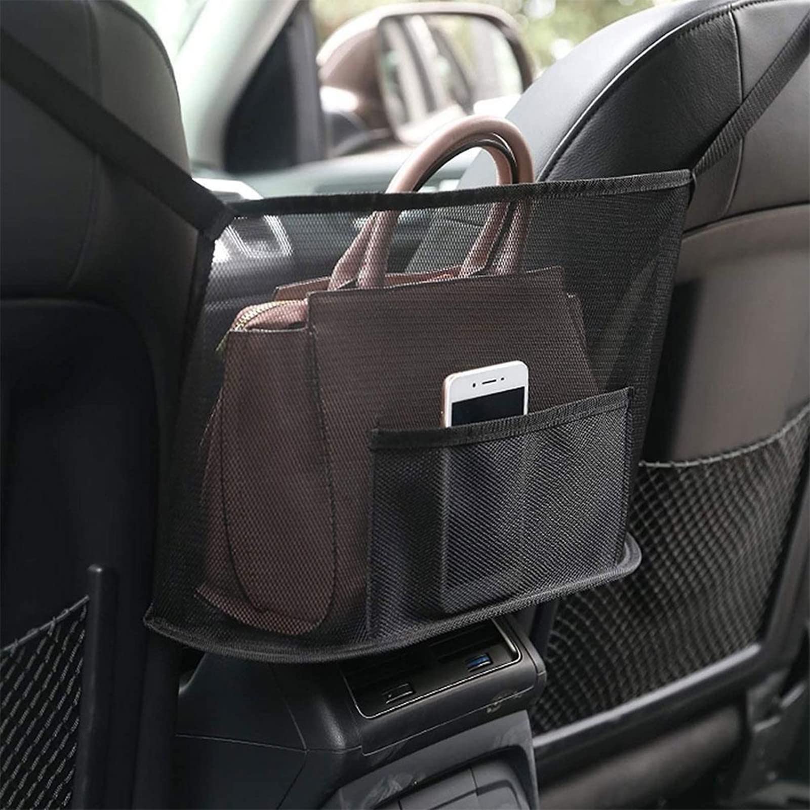 Large Capacity Car Handbag Holder Between Seats - Automotive Console Organizer for Purse, Phone & Document Storage - Perfect for Road Trips & Daily Commutes (Black)