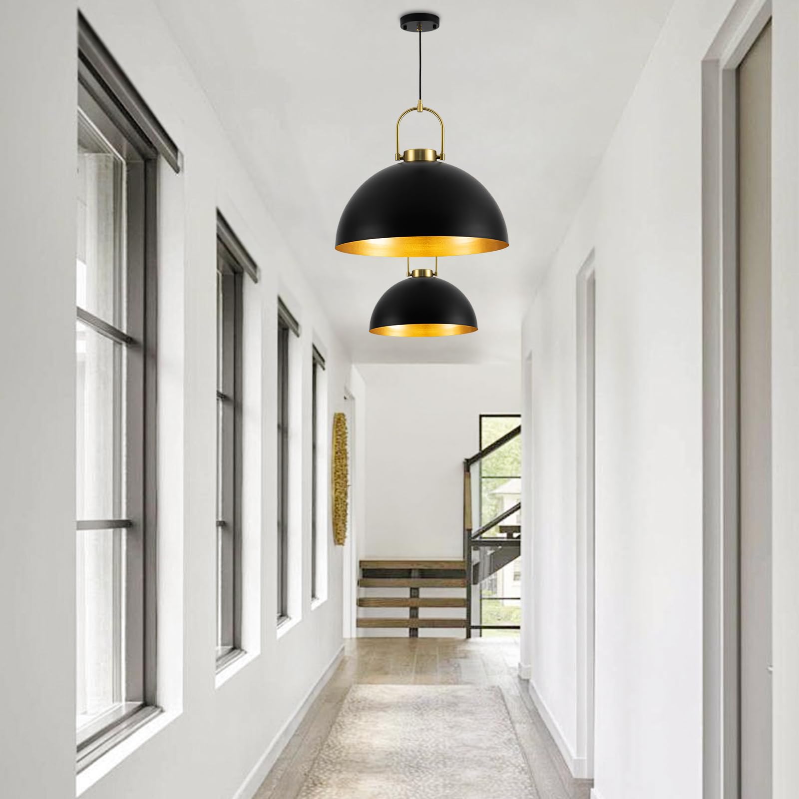 Black Industrial Pendant Light Fixtures - Large Dome Chandelier, Modern Space-Saving Hanging Lamp (19.69 Inch) for Kitchen Island, Dining Room, Living Room & Hallway | Perfect for Farmhouse, Loft & Contemporary Home Decor