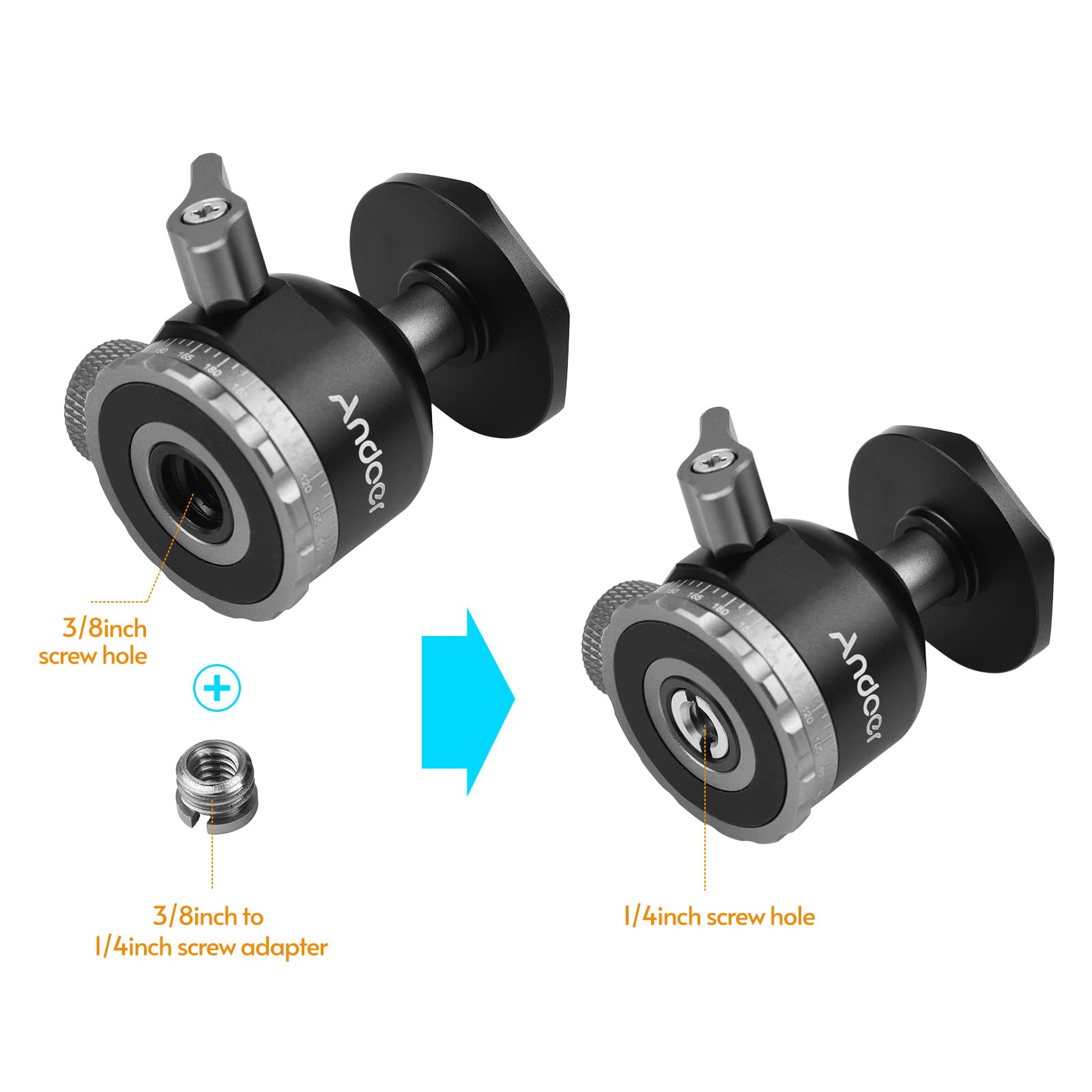 Andoer Mini Ball Head Tripod Mount - Aluminum Alloy Panoramic Ball Head with 1/4
