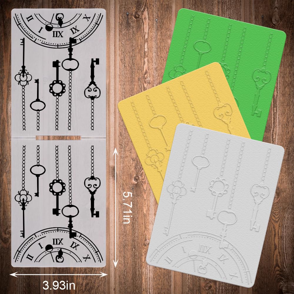 Vintage Clock Key Plastic Embossing Folders for Card Making - 3D Textured Greek Key Design DIY Craft Templates | Perfect for Scrapbooking, Photo Albums, and Mechanical Clock Themed Projects | Enhance Your Paper Crafts with Elegant Patterns