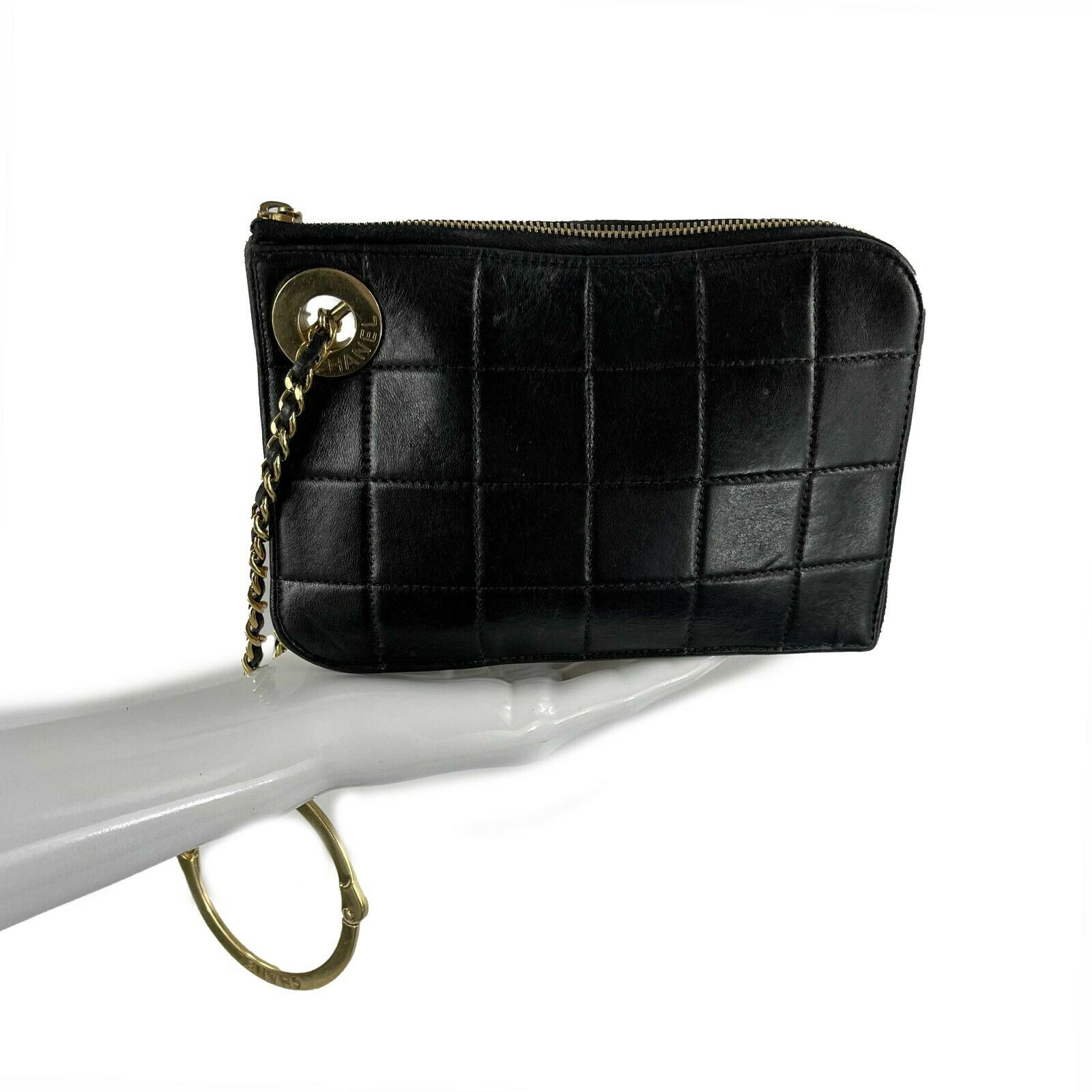 Vintage CHANEL Mini Handcuff Wristlet Clutch Bag - Black, Beige & Gold Ring | Evening Party, Wedding & Special Occasion Accessory