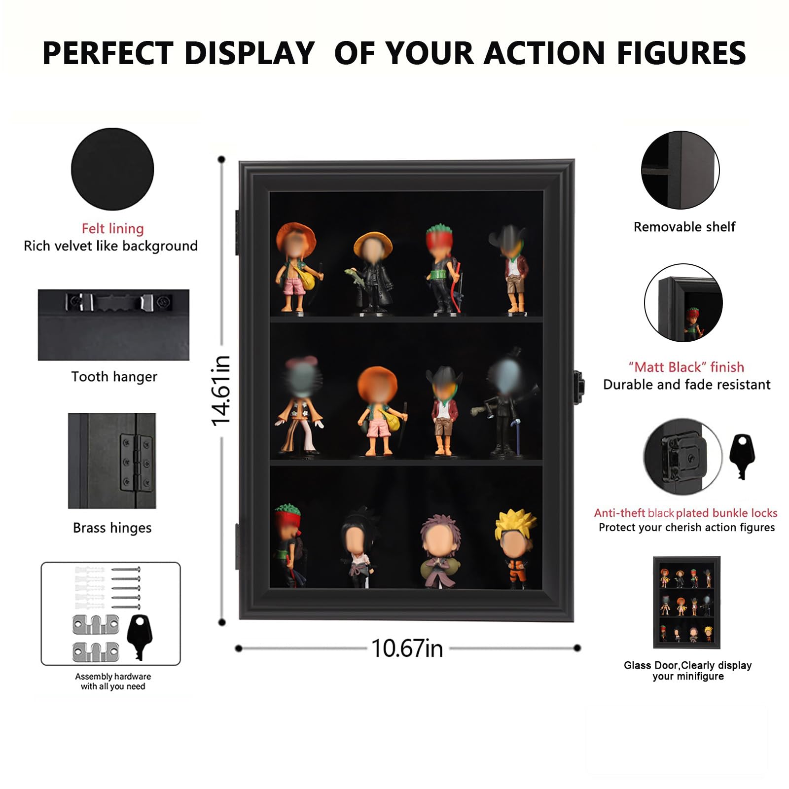 Wooden Wall Mounted Display Cabinet for Minifigures & Action Figures - Lockable Glass Door with Metal Lock for Mini Toys, Collectibles, and Stone Rocks - Perfect for Home Office, Game Room, and Collection Display (Black)