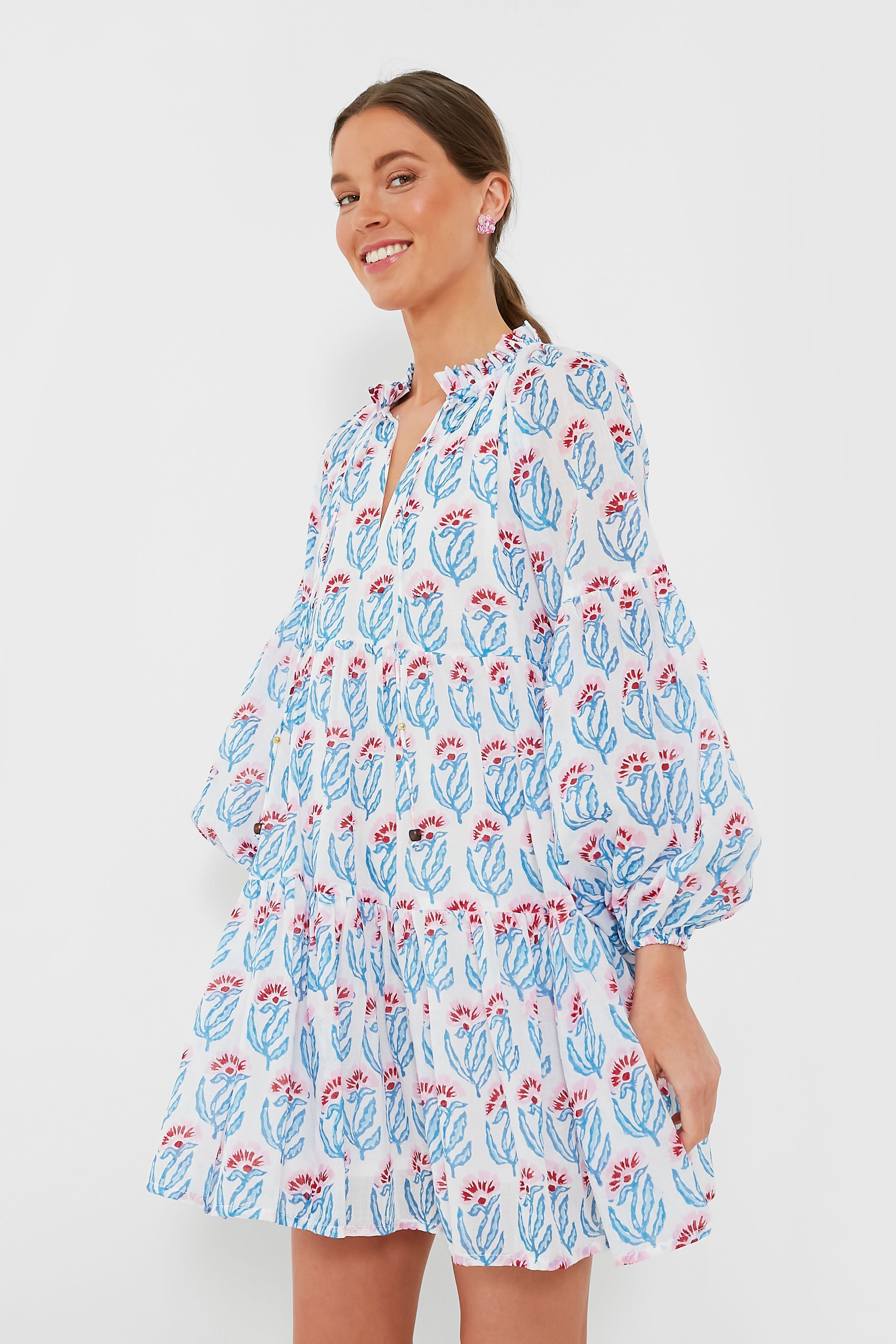 Blue Hampton Balloon Sleeve Short Dress - Flowy Summer Party Dress for Women, Beach Wedding Guest Outfit, Casual Daytime Sundress