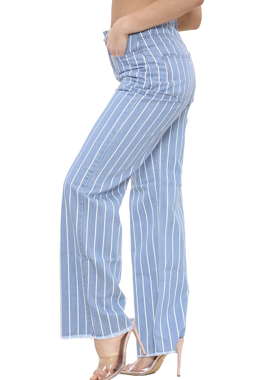 Fashion Star Women's High Waisted Striped Wide Leg Ankle Length Denim Jeans - Zara Style Mom Jeans - Blue Medium (UK 10) - Perfect for Casual Outings, Street Style & Everyday Wear