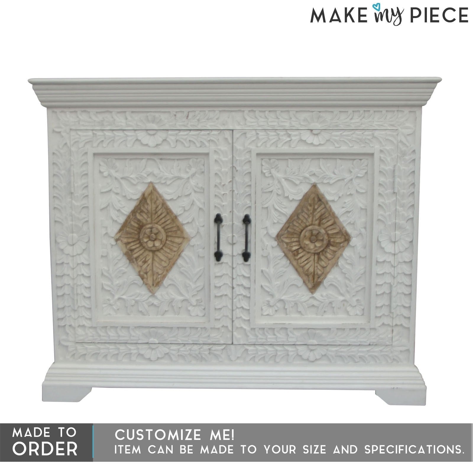 White Floral Carved Solid Wood Sideboard - 110cm Modern Buffet Cabinet for Dining Room, Living Room & Entryway Storage