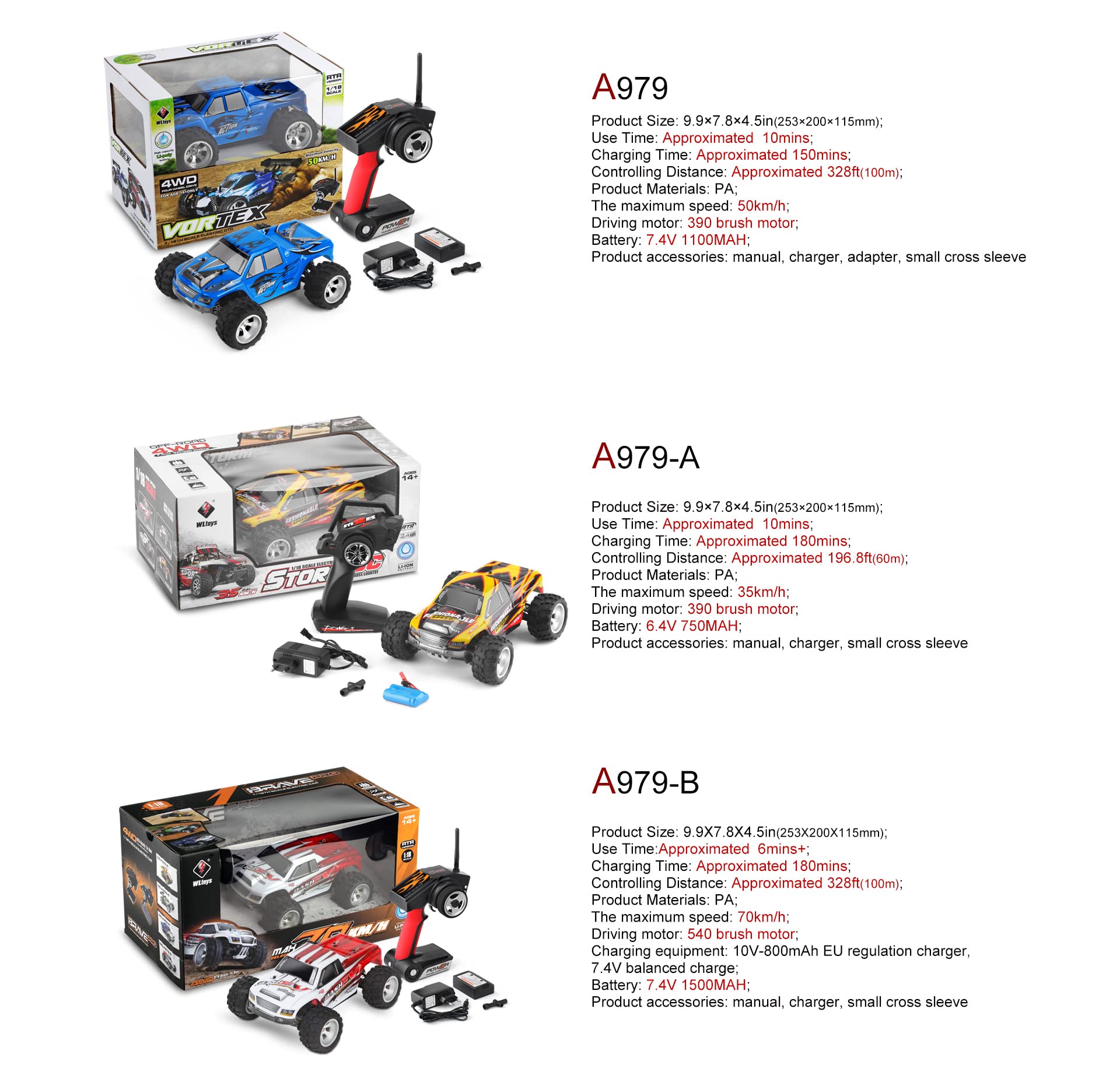 WLtoys A979 1:18 Scale High-Speed 4WD Remote Control RC Car - 2.4GHz Off-Road Waterproof Alloy Monster Truck for Boys & Adults - Perfect for Outdoor Racing, Backyard Adventures & Birthday Gifts (A979B 1B)