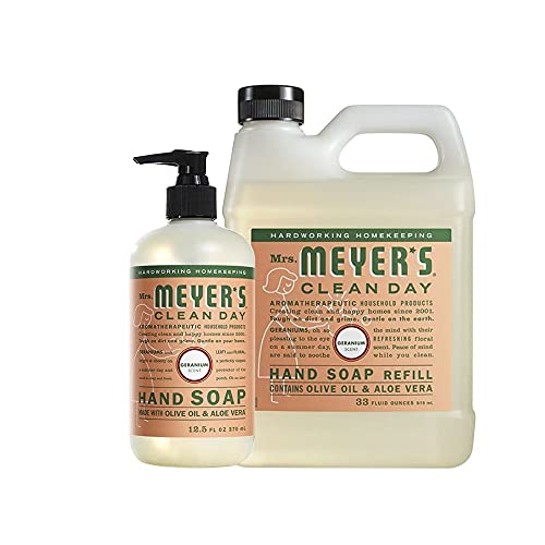 **Antibacterial Liquid Hand Soap & Refill Combo - 12.5 Fl Oz Hand Soap + 33 Fl Oz Refill, Geranium Scented - Perfect for Home, Office & Bathroom Hygiene**