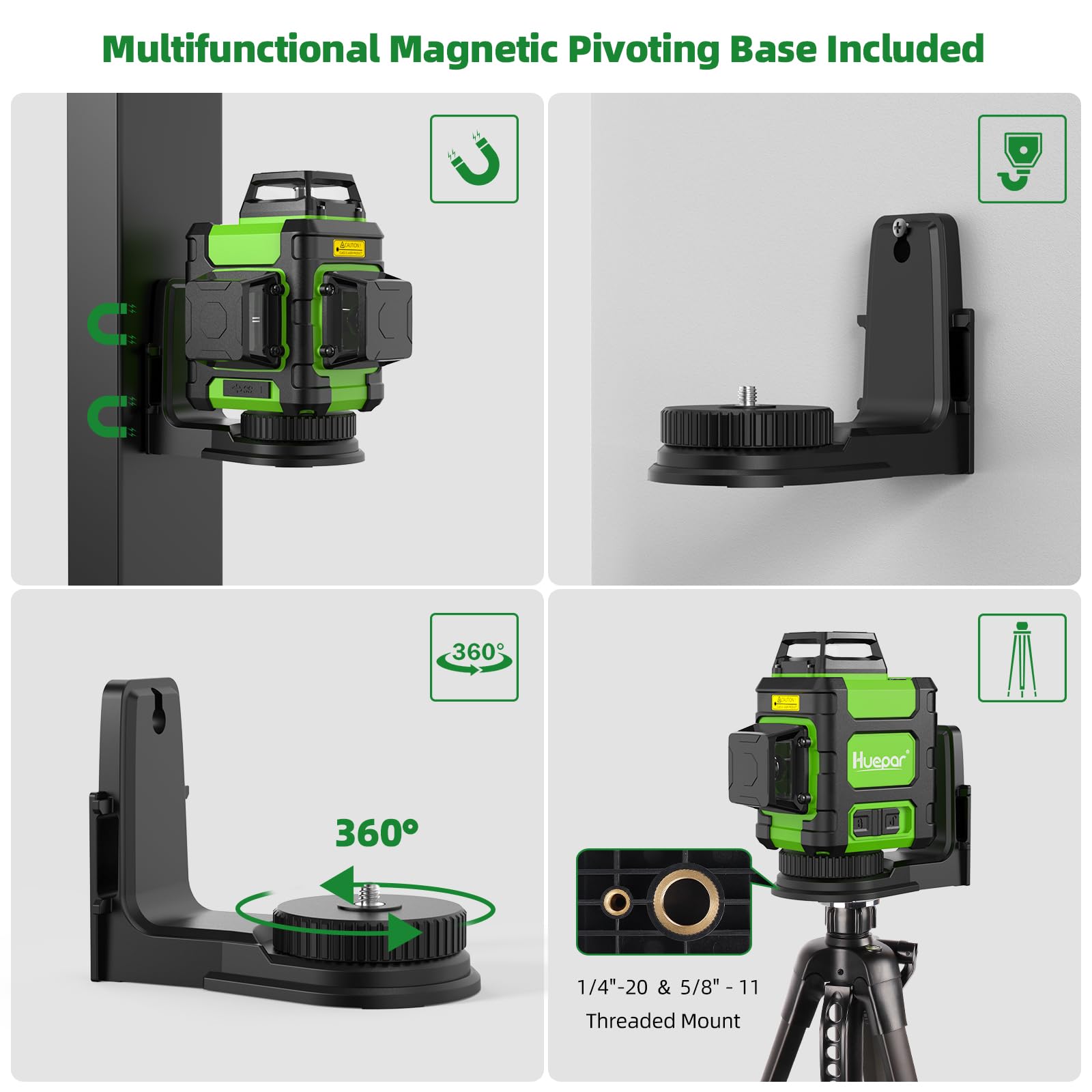 Huepar HM03CGTP 3D Cross Line Laser Level - 3 x 360° Self-Leveling Green Beam with Li-ion Battery, USB-C Charging, Hard Case & Tape Measure | Perfect for Construction, Renovation, Tile Installation & DIY Home Projects
