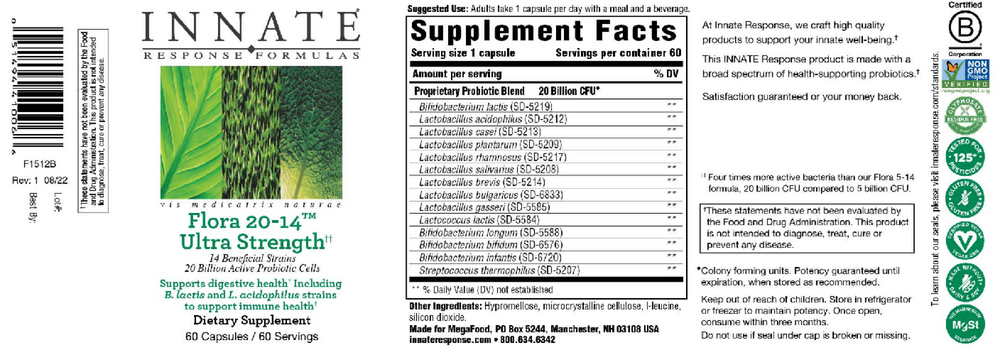 Innate Response Flora 20 14™ Ultra Strength Probiotic Supplement - Supports Digestive & Immune Health - Ideal for Daily Wellness Routine & Travel