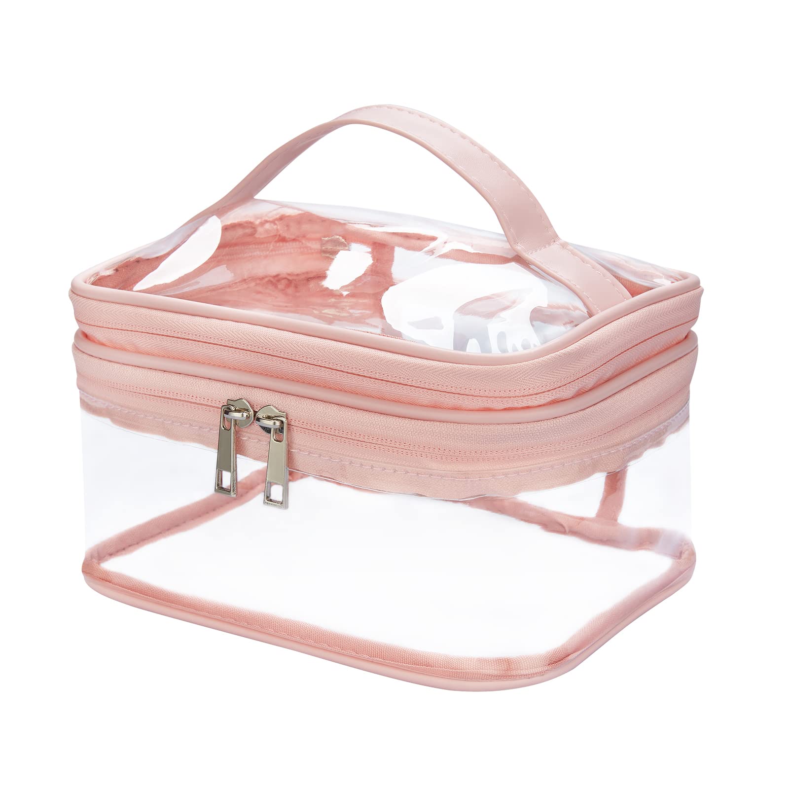 Double Layer Clear Cosmetic Bag - Waterproof Travel Makeup Organizer for Toiletries, Hair & Nail Accessories - Transparent PVC Beach Bag (Pink) | Perfect for Travel, Gym, Beach & Daily Organization