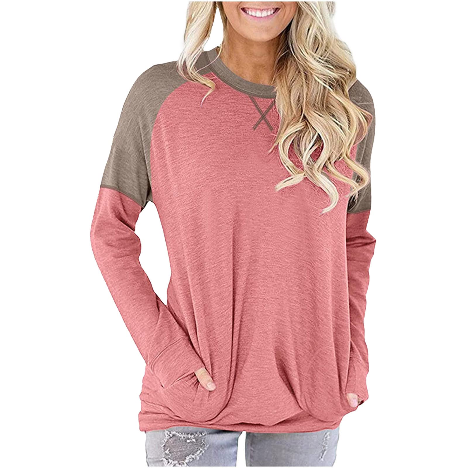 Women's Casual Long Sleeve Color Block Tunic Top - Soft Round Neck Blouse for Fall | Perfect for Work, Weekend Outfits & Layering