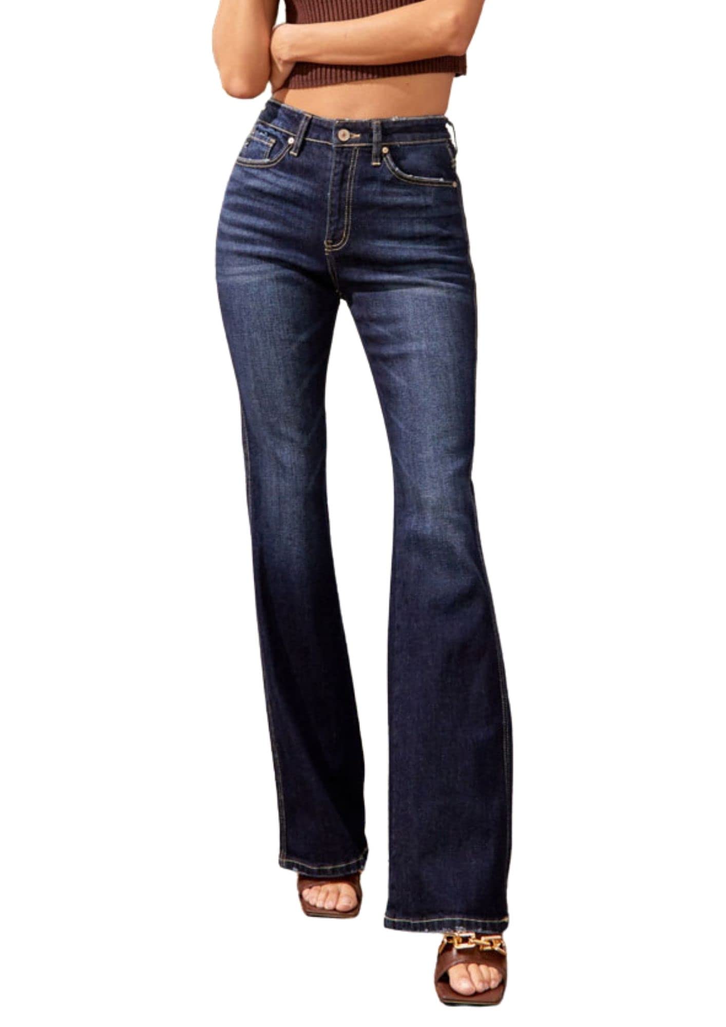 Kan Can Women's High Rise Flare Jeans - KC7340D | Vintage 70s Inspired Bootcut Denim Pants for Casual Wear & Night Out