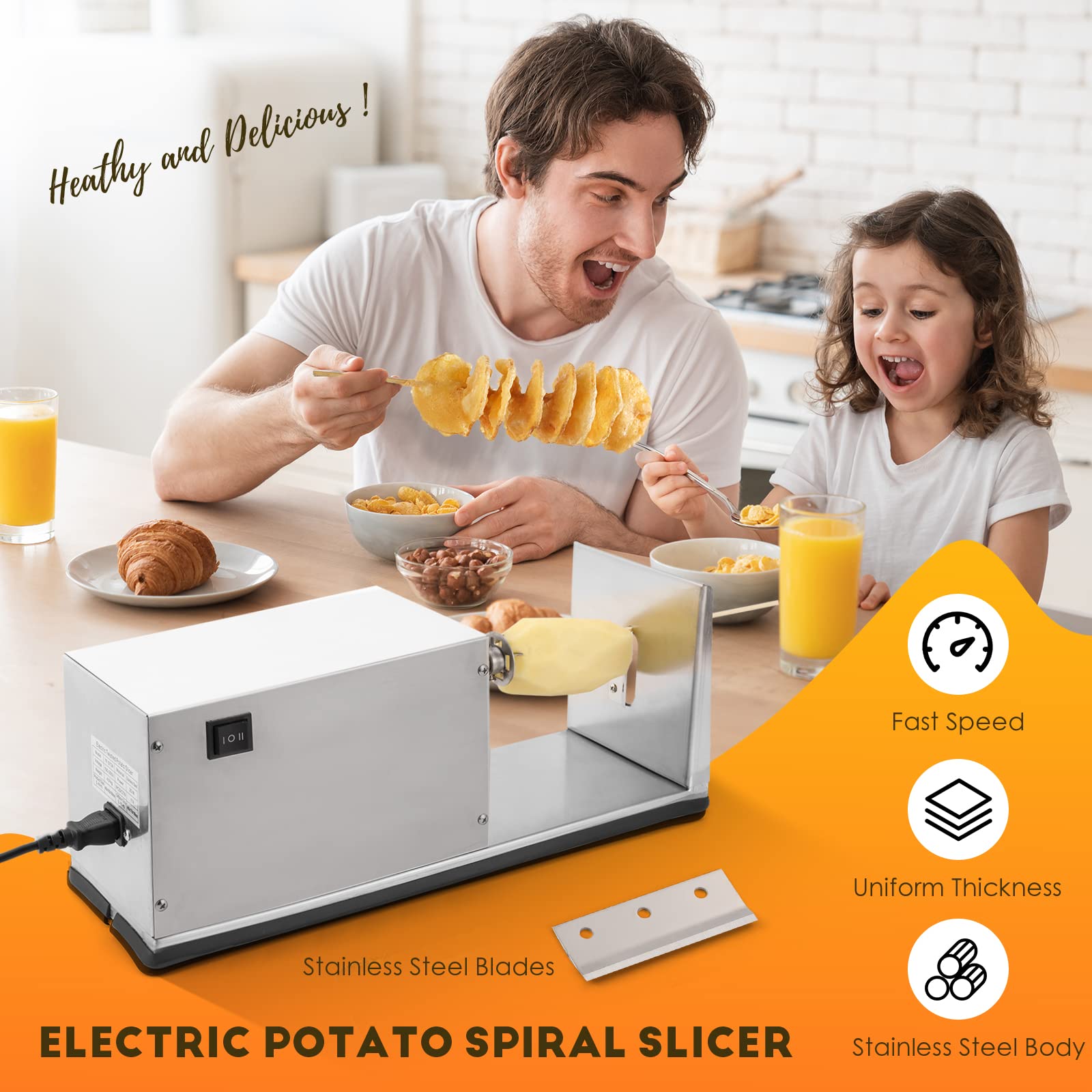 CGOLDENWALL Electric Potato Spiral Slicer - Automatic Twisted Potato Cutter with Free Bamboo Skewers | Stainless Steel Vegetable Cutting Machine for Home & Commercial Use (110V) | Perfect for French Fries, Chips & Party Snacks