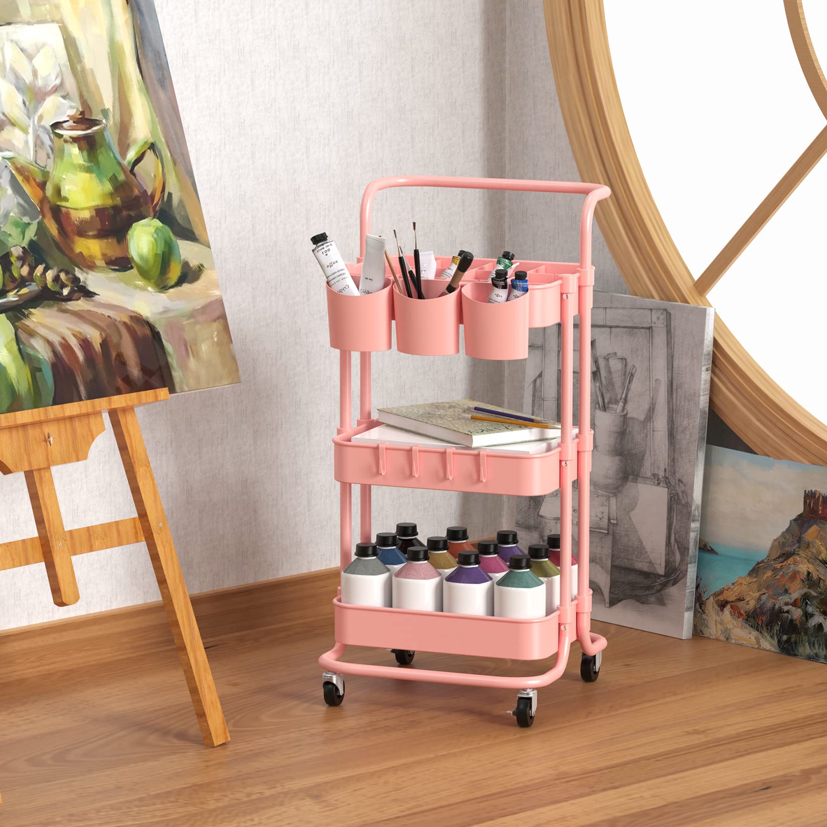 ALVOROG 3-Tier Rolling Utility Cart with Wheels - Mobile Storage Organizer with Hanging Cups for Kitchen, Office, Coffee Bar, Salon & Bathroom - Pink Multi-Purpose Service Cart for Home & Commercial Use