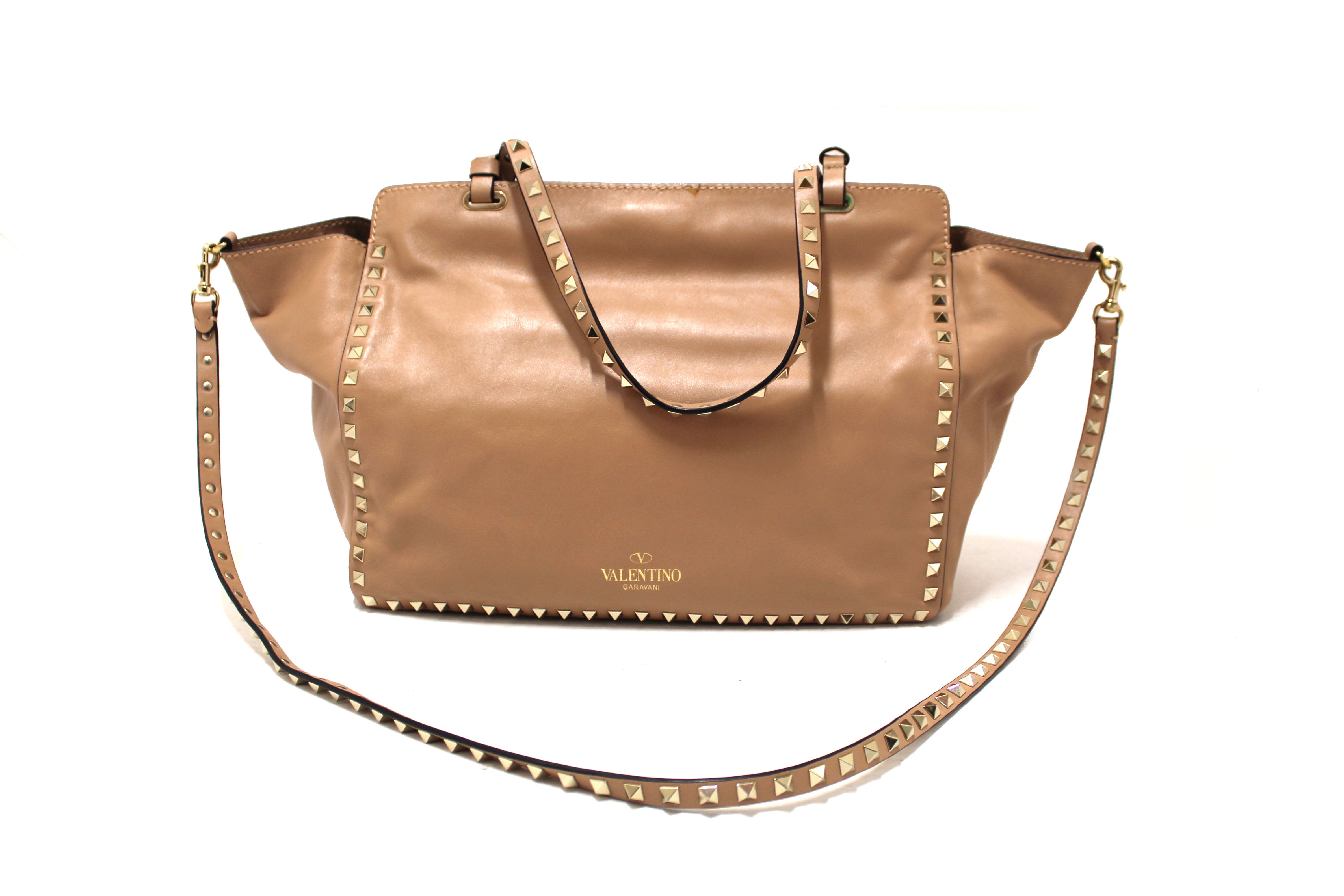 Authentic Valentino Medium Rockstud Beige Nappa Leather Tote Shoulder Bag for Women | Luxury Designer Handbag for Work, Travel & Everyday Use