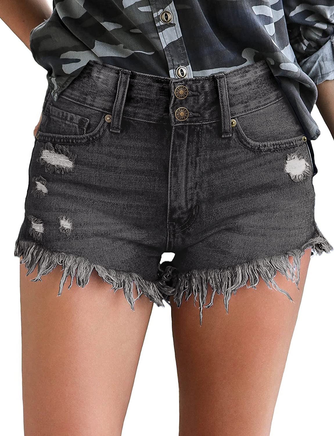 LookbookStore Women's Mid Rise Frayed Ripped Raw Hem Denim Jean Shorts | Distressed Denim Shorts for Women | Perfect for Summer Outfits, Beach Vacations & Casual Street Style