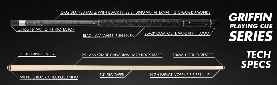 Premium Griffin GR32 Pool Cue - Grey Stained Maple Shaft with White Diamond Inlays | Professional Billiards Stick for Pool Halls & Home Game Rooms