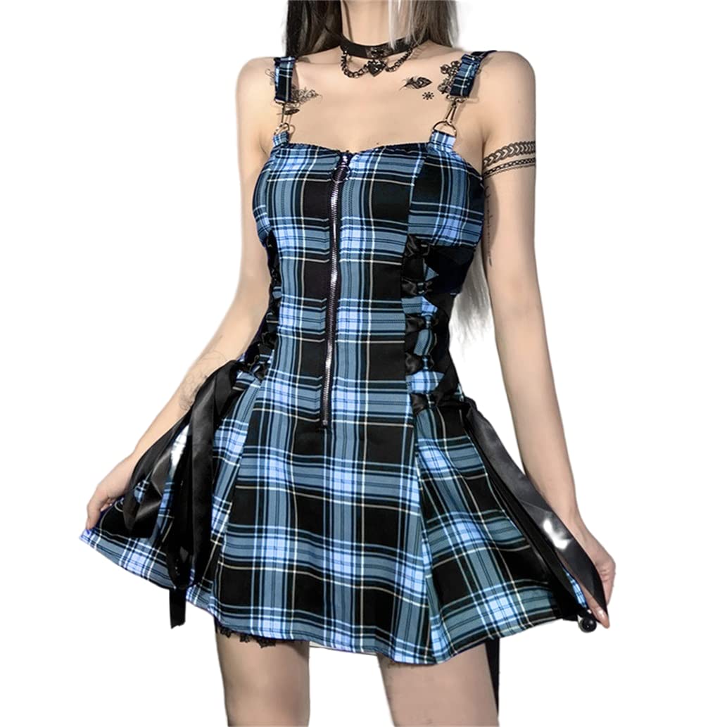 Goth Punk Plaid Mini Dress for Women - Blue Spaghetti Strap High Waist A-Line Swing Dress | Emo Style Casual Outfit for Concerts, Parties & Alternative Fashion