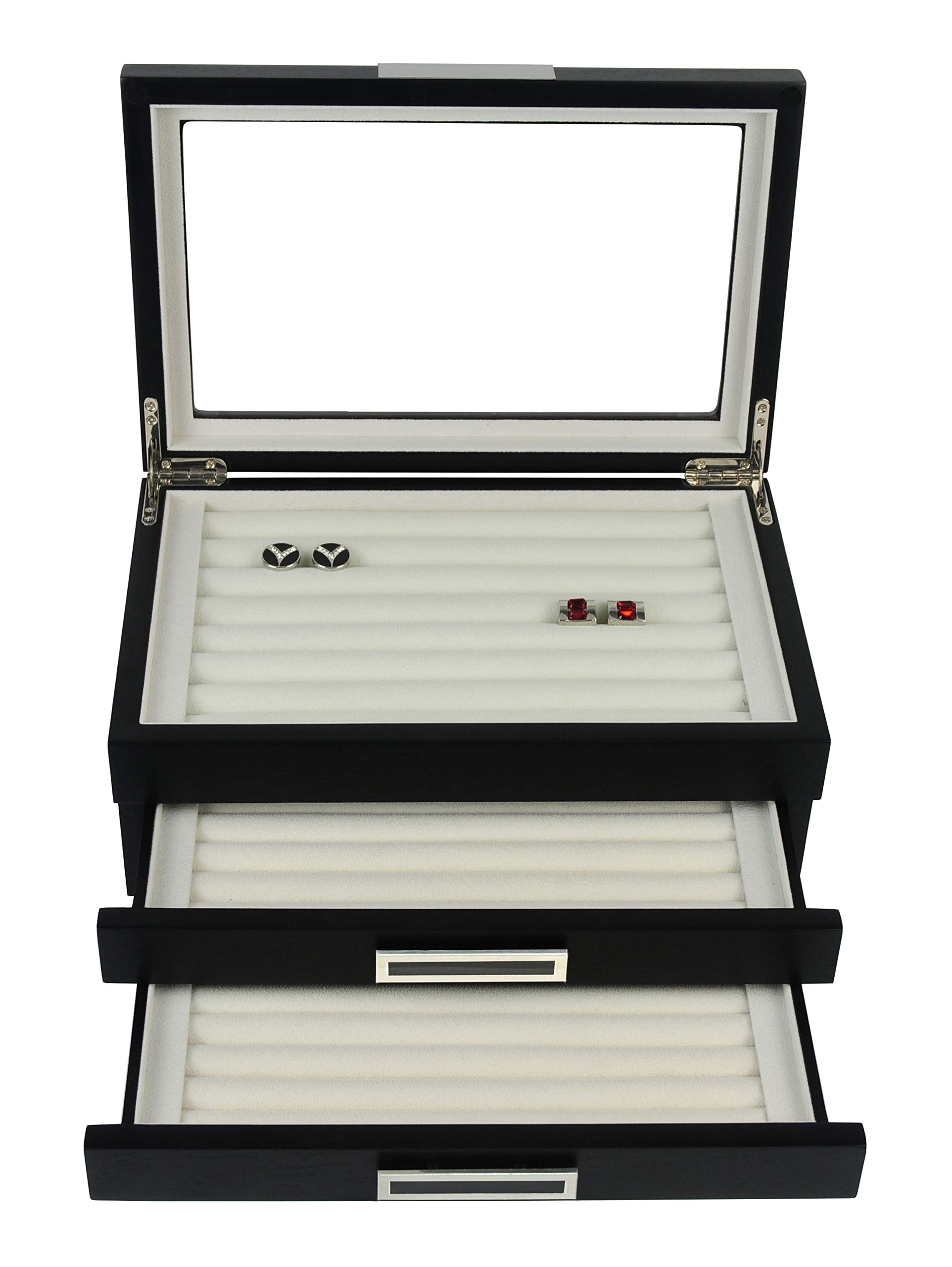 Personalized Black Ebony Wood Cufflink Case & Ring Storage Organizer - Stainless Steel Engravable Jewelry Box for Men - Holds 108 Cufflinks - Perfect Gift for Weddings, Anniversaries & Formal Events