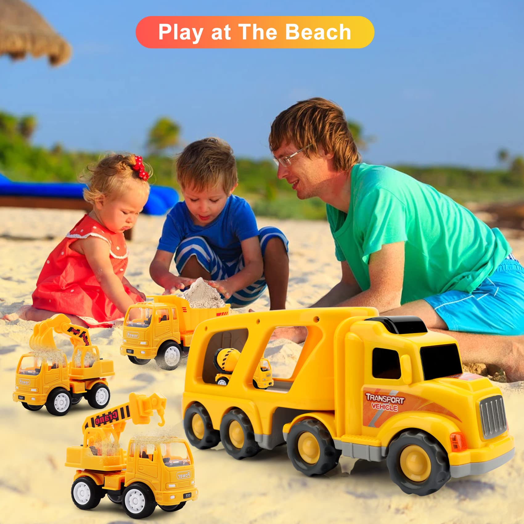 5-in-1 Construction Truck Carrier Toy Set for Toddlers - STEM Learning Vehicles for Boys & Girls Ages 1-4 (18 Months to 4 Years) - Perfect Christmas & Birthday Gift for 1 2 3 Year Old Kids | Great for Pretend Play, Sandbox Fun & Early Childhood Development