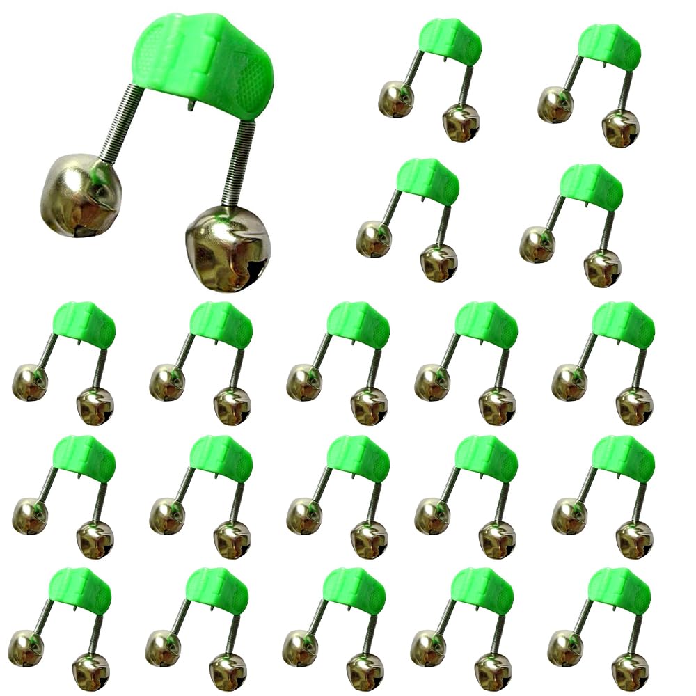 20Pcs Fishing Rod Alarm Bells - Dual Alert Clip-On Bells for All Types of Sea Fishing Rods (Green) | Perfect for Night Fishing & Surf Casting Alarms