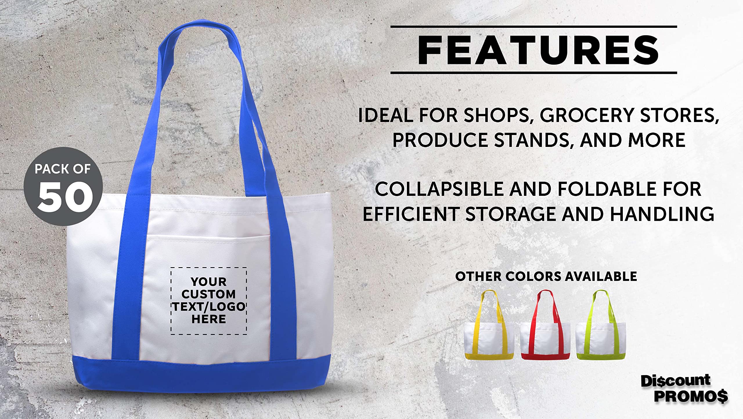 50 Pack Customizable Canvas Tote Bags with Reinforced Straps & Front Pocket - Bulk Polyester Shoulder Bags for Promotions, Events, Retail & Business Branding - Fashionable Blue Design for Shopping, Beach & Everyday Use