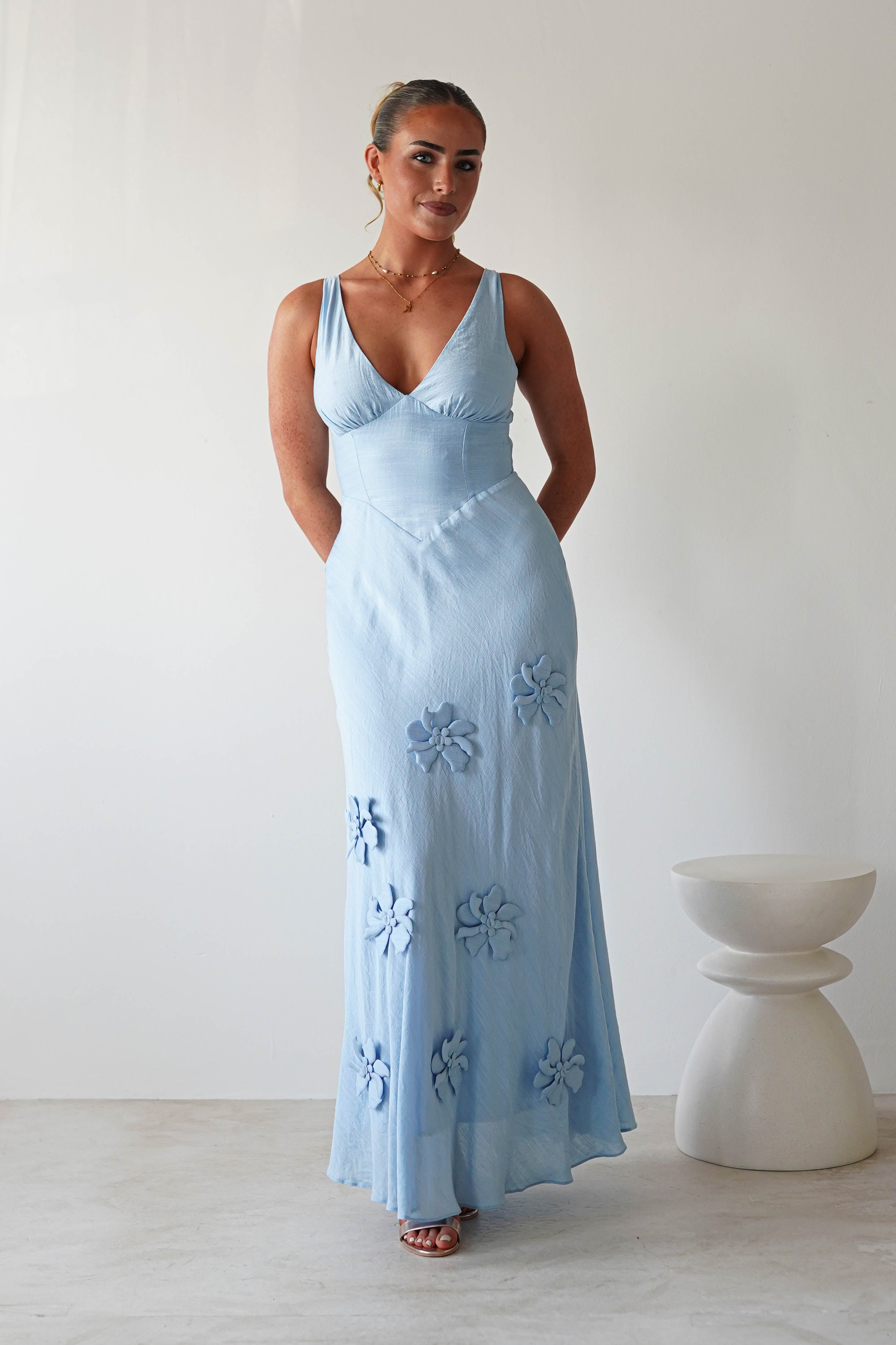 Hailey Women's Blue Cotton Floral Maxi Dress - Elegant Long Summer Dress for Beach, Wedding & Casual Wear