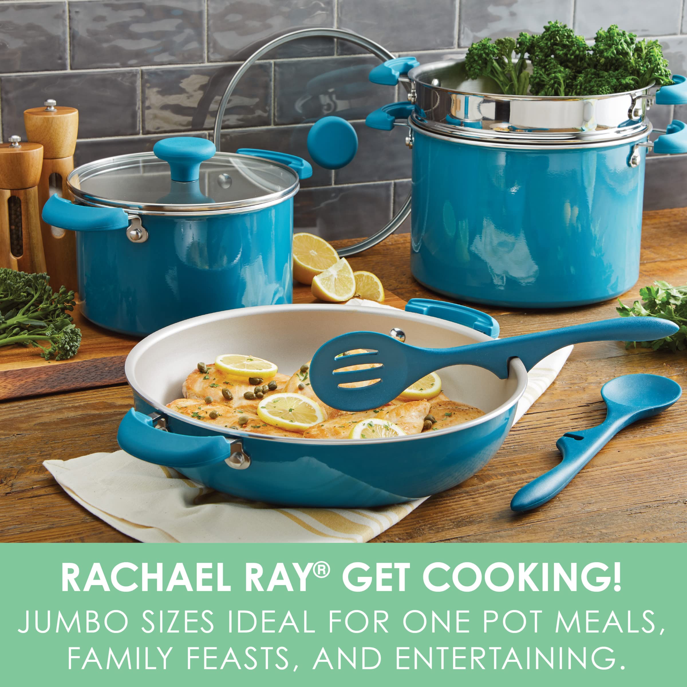 Rachael Ray Nonstick Cookware Set, 8-Piece Stackable Pots and Pans - Turquoise | Durable & Easy Clean for Everyday Cooking, Baking & Meal Prep