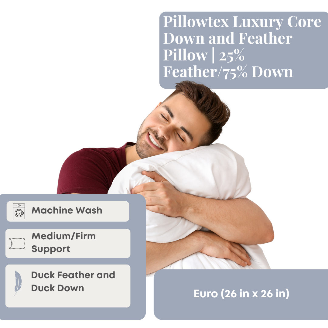 Premium Pillowtex Luxury Core Down and Feather Pillow - 25% Feather/75% Down Blend for Ultimate Comfort - Perfect for Side Sleepers, Back Pain Relief & Hotel-Style Bedding