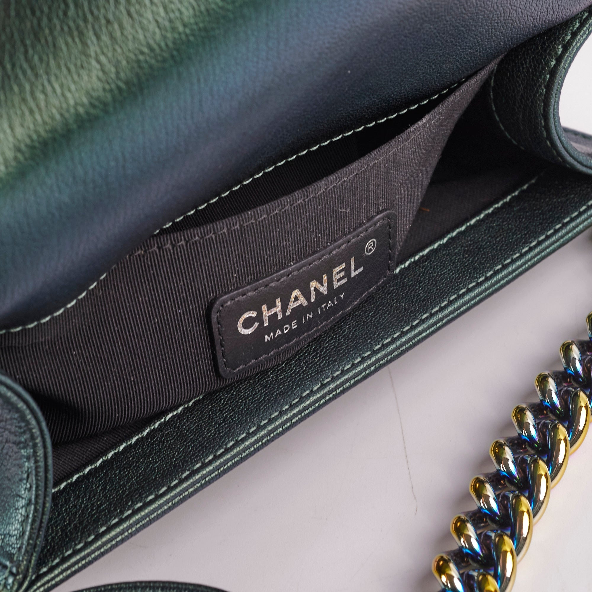 Chanel Small Iridescent Green Goatskin Boy Bag - Luxury Crossbody Purse for Women | Perfect for Evening Parties, Date Nights & Special Occasions