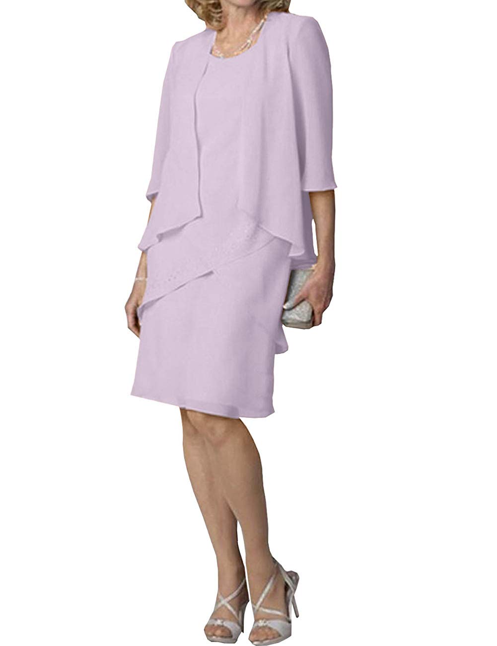 Elegant Short Mother of The Bride Dress with 3/4 Sleeve Chiffon Jacket & Tiered Skirt - Formal Evening Gown for Weddings, Parties & Special Occasions