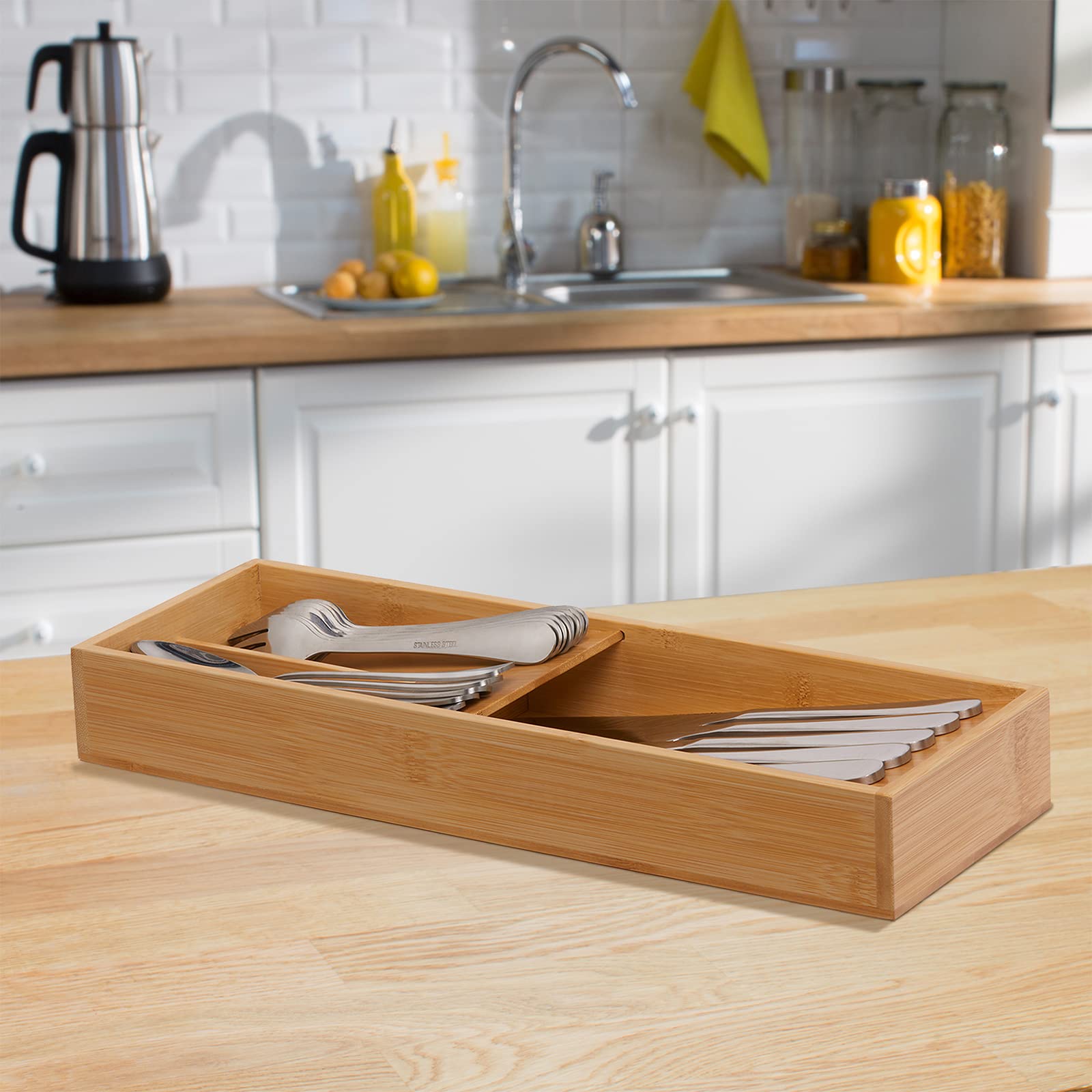 Bamboo Cutlery Organizer for Spoons Forks Knives - Kitchen Drawer Tray