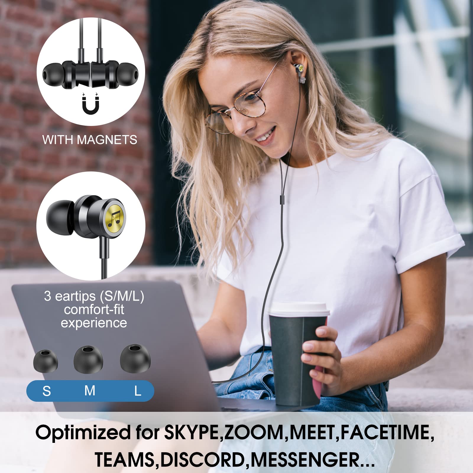 USB-C Wired Headphones with Microphone - Noise Cancelling Magnetic Earbuds for Laptop, PC, iPad Pro, MacBook & Samsung - Perfect for Work, Gaming & Online Meetings (Black)