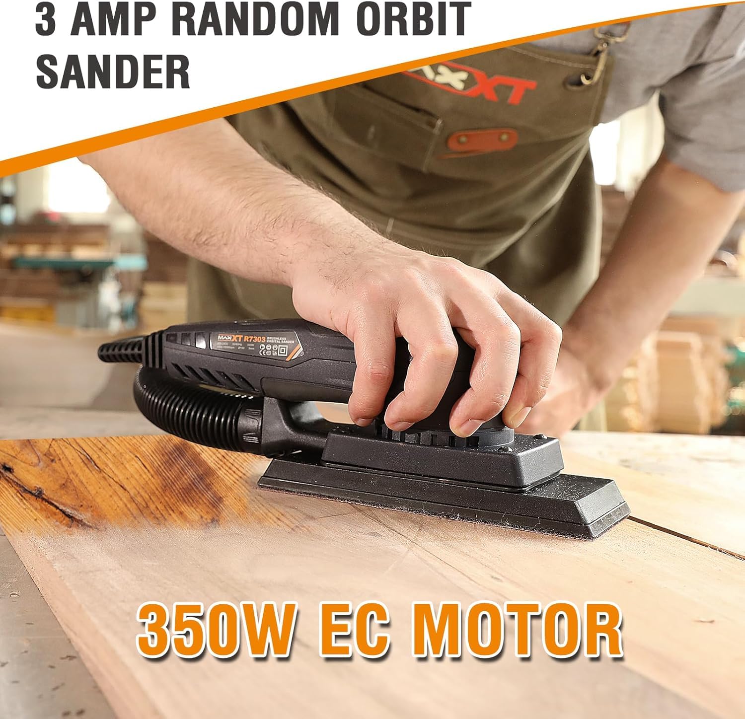 MAXXT 350W Brushless Electric Sheet Sander - 3mm Orbital, 10000RPM Variable Speed, 3A Multi-Function Corded Palm Sander with 10 Sanding Papers - Perfect for Woodworking, Furniture Refinishing & DIY Home Projects